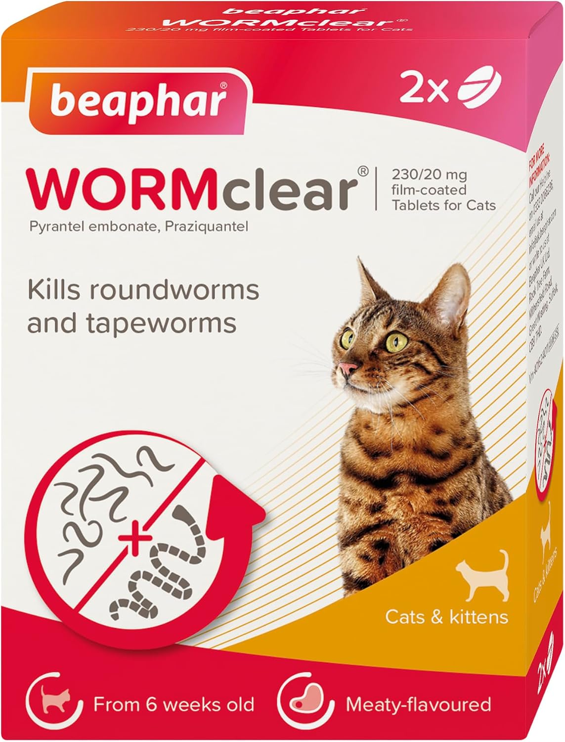 Beaphar - WORMclear® Tablets for Cats - 2 Tablet Pack - Kills All Common UK Intestinal Worms (Roundworms & Tapeworms) - Vet Strength Worm Treatment - Meaty-Flavoured - For Cats Over 6 Weeks Old & 1kg