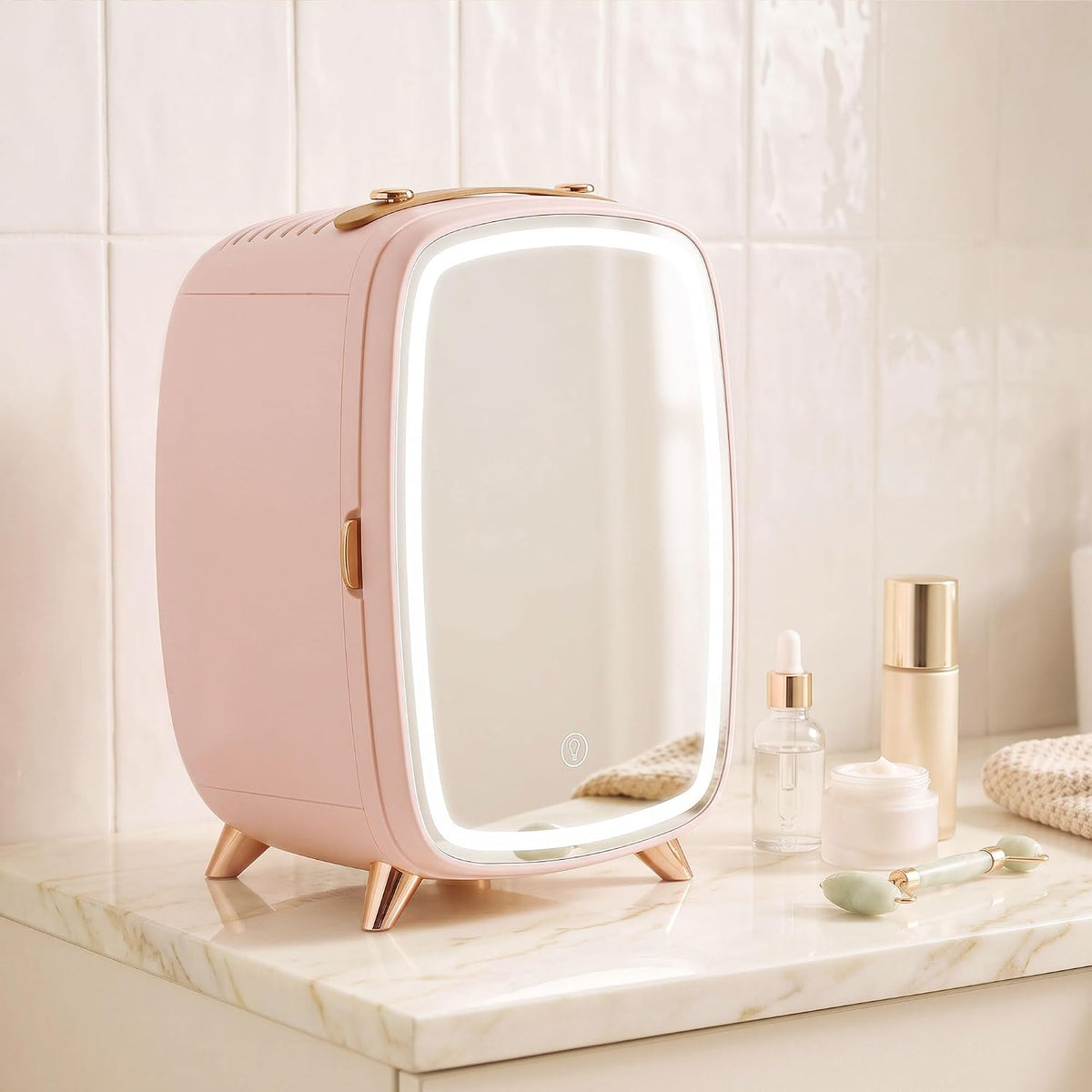 HOMCOM 6L Mini Fridge with LED Mirror, 26dB Quiet Operation, Pink
