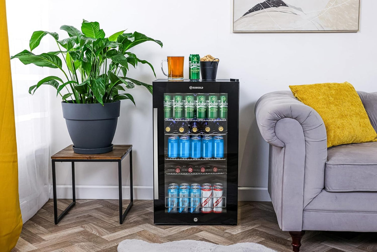 Subcold Ace90 LED Touch Control Beer Fridge With Glass Door | Premium Drinks & Wine Fridge | Black Alu Handle, Auto Defrost, Lockable | 91 Cans | Ideal for Home Bar Undercounter