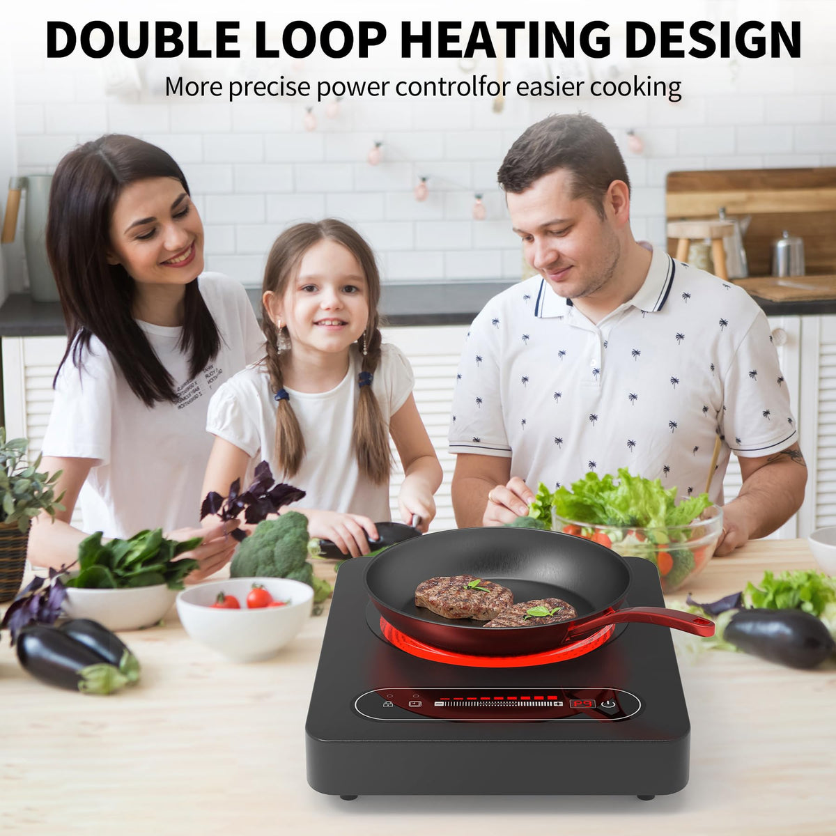 VBGK 2 Ring Electric Hob with Knob, 220V 3000W Double Ceramic Hob, 9 Power Levels, Kids Lock & Timer, Hot Surface Indicator, Overheat Protection, Knob and Touch Control Double Electric Hob