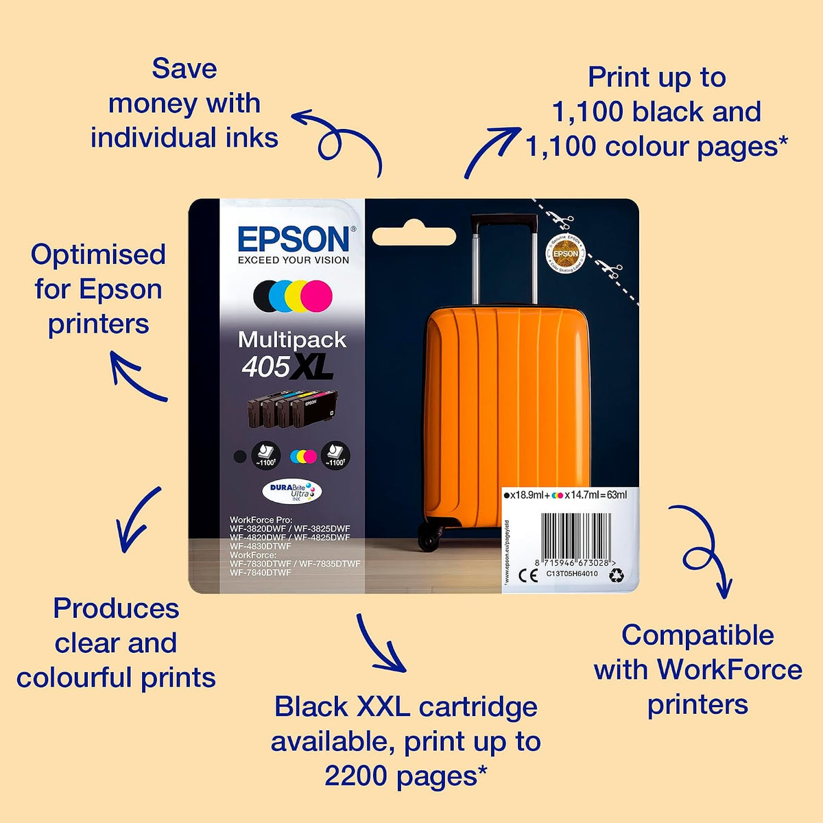 Epson 405 Suitcase Genuine Multipack, 4-colours Ink Cartridges, DURABrite Ultra Ink