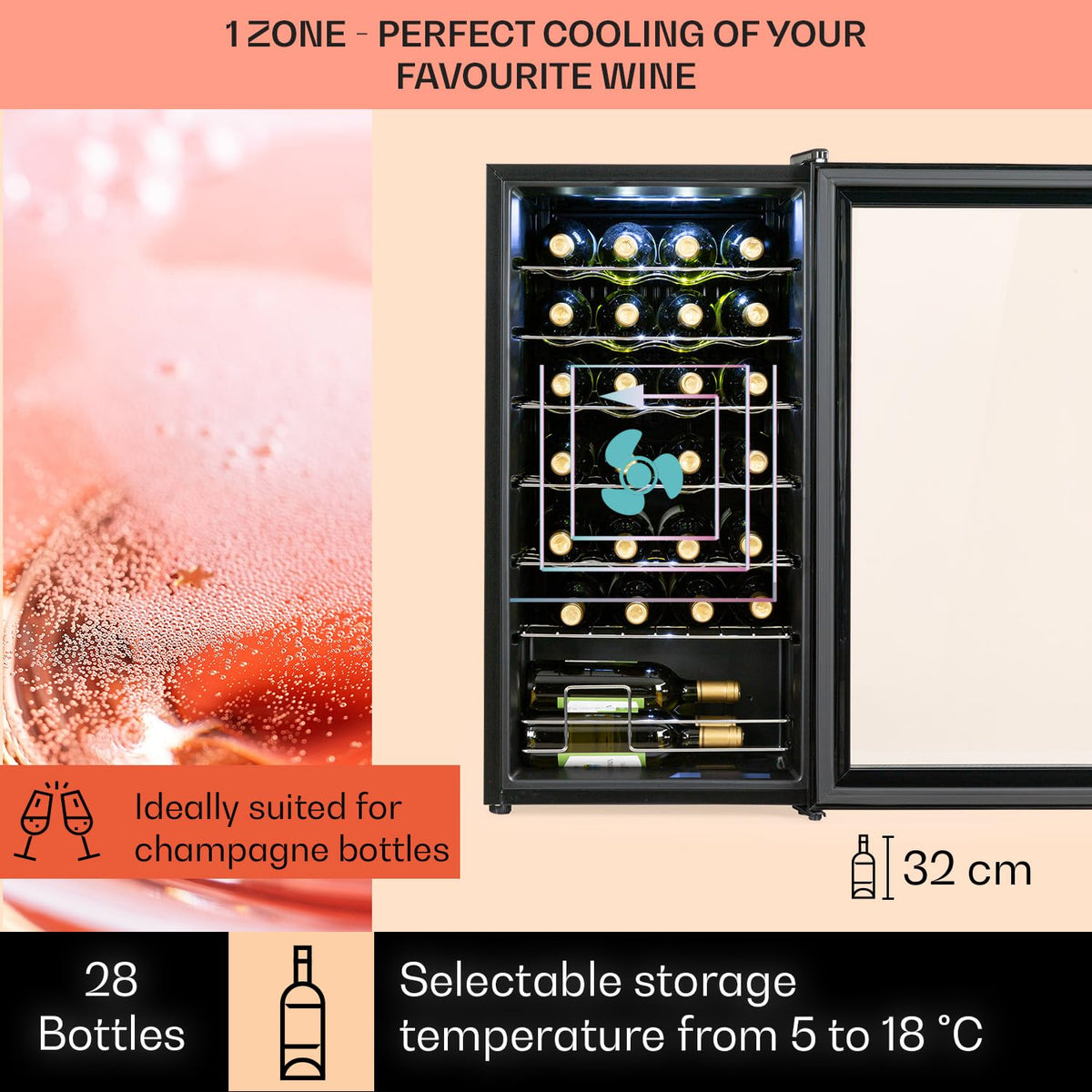 KLARSTEIN Shiraz Wine Cooler Black – 8 Bottles, 1 Zone | Freestanding Wine Fridge with Glass Door, Quiet, 5–18 °C, LED, Stainless Steel Frame