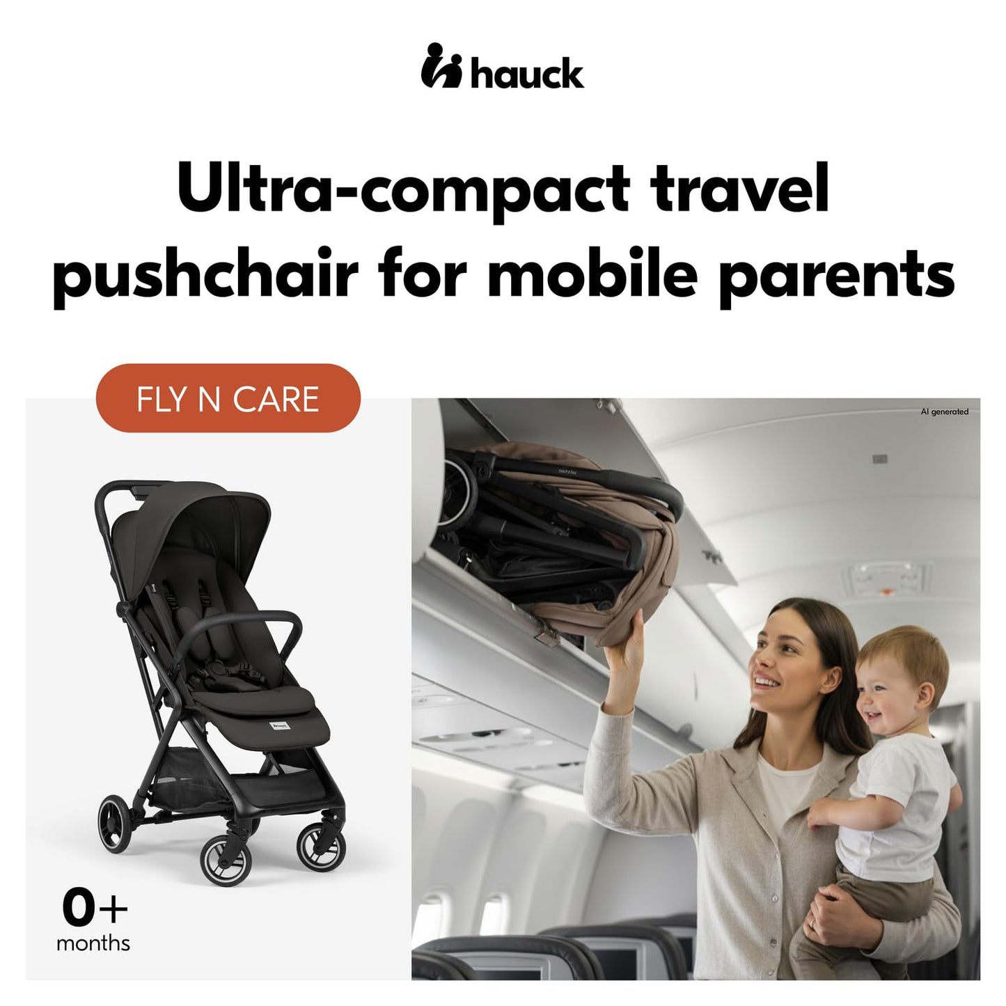 Hauck Fly N Care, Sage Green - Ultra Compact & Light Travel Pushchair (7.5kg) with One Hand Fold, Carry Strap & Bag, Seat Liner, Car Seat Adapter, UPF 50+ Sun Canopy, Fully Reclining Birth to 22 kg