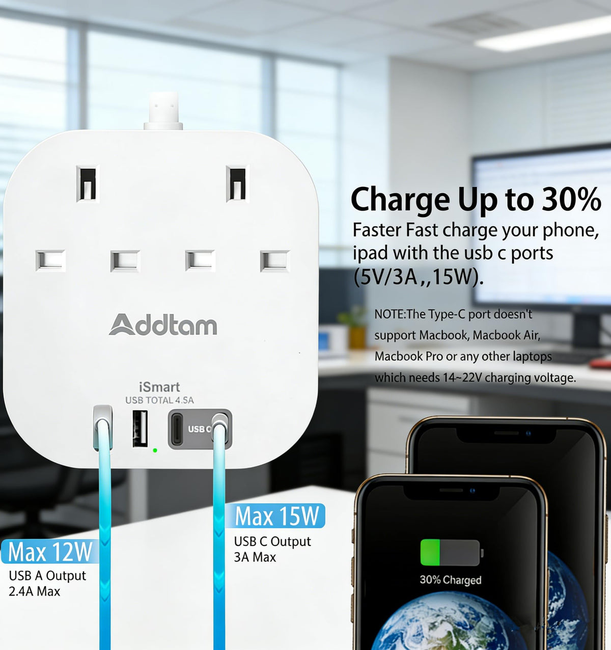 Addtam 3M Extension Lead with USB Slots, Power Strips with 2AC Outlets 4USB