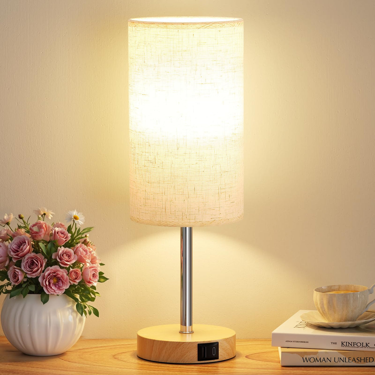 Aooshine Grey Table Lamp, 3-Way Dimmable, USB A + C Charging