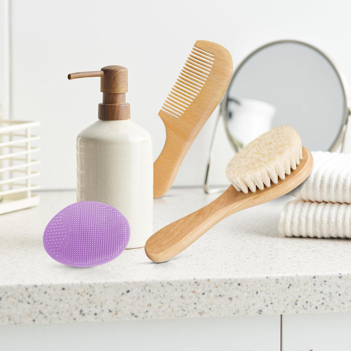 3PCS Baby Hair Brush with Wooden Handle and Comb Set for Newborns & Toddlers | Natural Soft Goat Bristles l Wood Comb l Green Cradle Cap Brush | Ideal for Cradle Cap