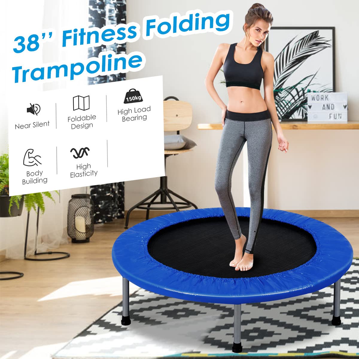 COSTWAY 38" Foldable Mini Fitness Trampoline with Carry Bag — Max 150 kg