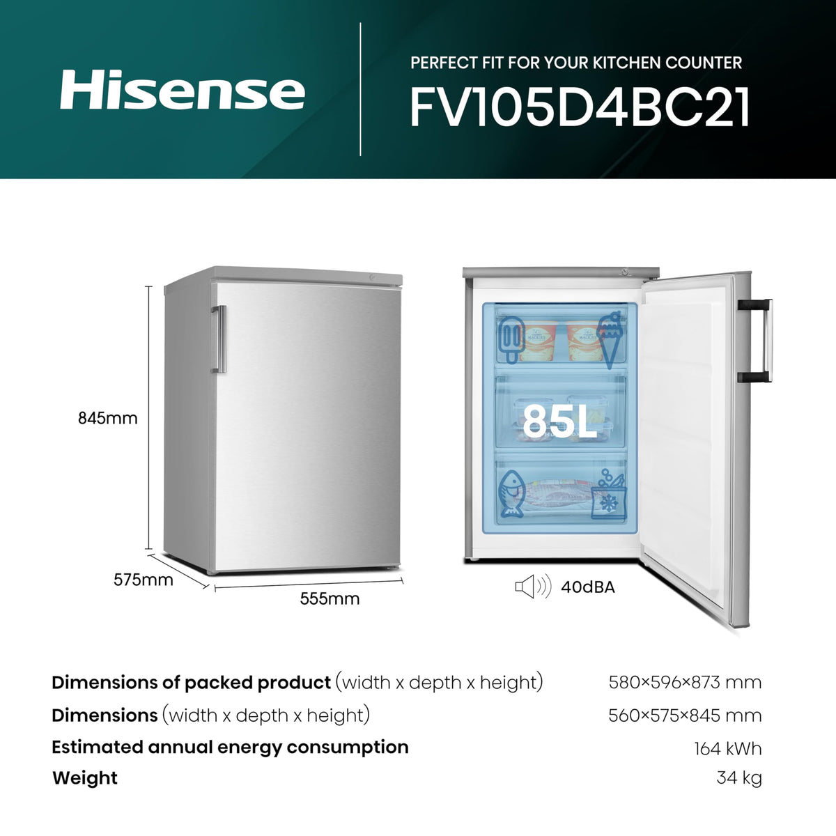 Hisense FV105D4BW21 56cm Under-Counter Freezer, 82-Litre Capacity, Reversible Door, 3 Freezer Drawers, White, E Rated