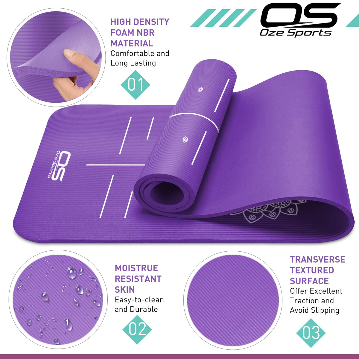 OZE SPORTS Yoga Mat, NBR Foam, Extra Thick, Non-Slip, High Density, Large, for Pilates, Gymnastics, HiiT and Fitness, with Free Carry Strap