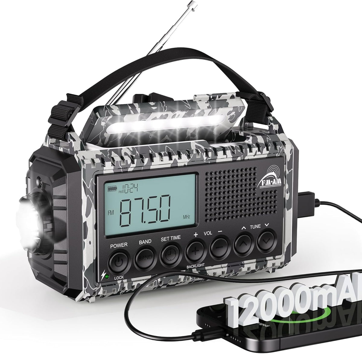 Emergency Hand Crank & Solar Powered Radio with USB Phone Charger, 12000mAh Battery, AM/FM/SW, SOS Alarm, and Flashlight – Portable Survival Radio for Outdoor Adventures (Camouflage Gray)