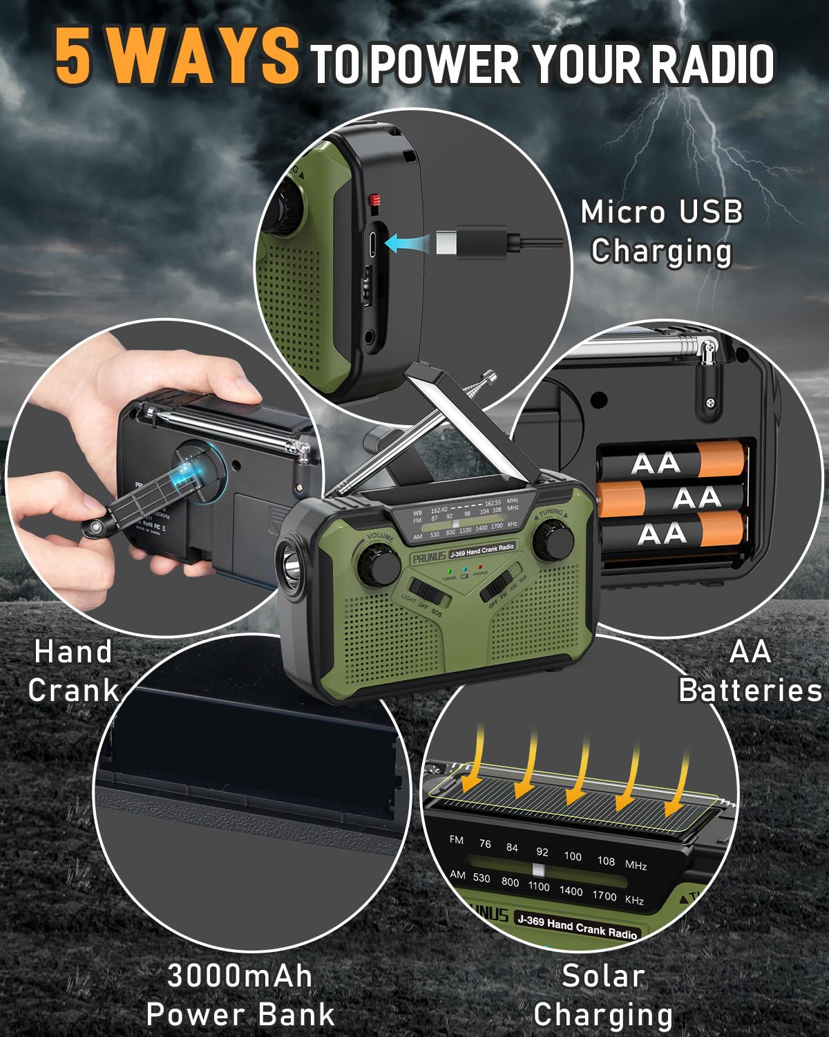 PRUNUS J-369 Wind Up Radio Solar, AM/FM Emergency Hand Crank Radio