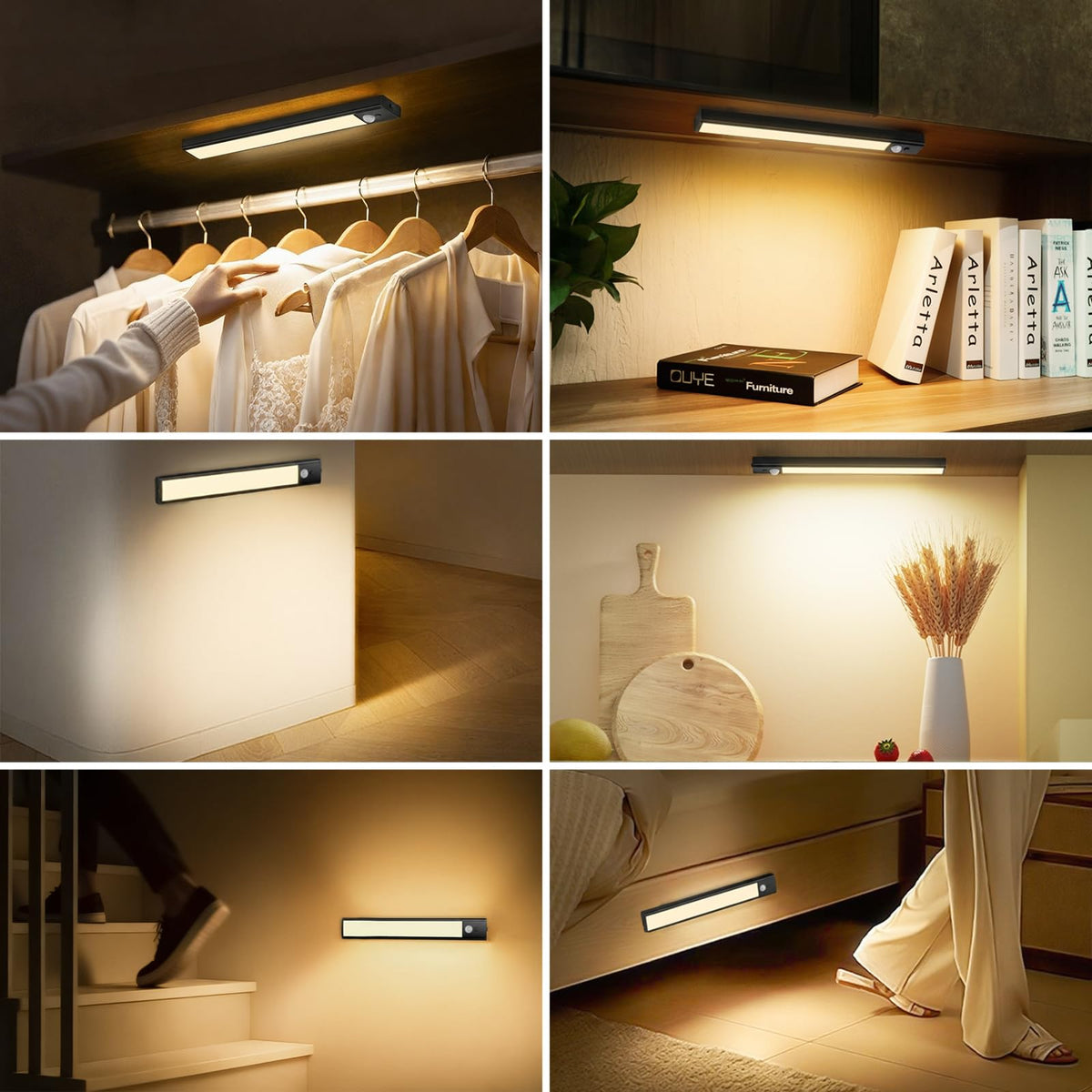 daphomeu 5 Pack Rechargeable Under Cupboard Kitchen Lights, 20CM Dimmable Warm Cabinet Light, LED Motion Sensor Lights Indoor, Magnetic Stick Light for Kitchen Shelf Stairs Wardrobe