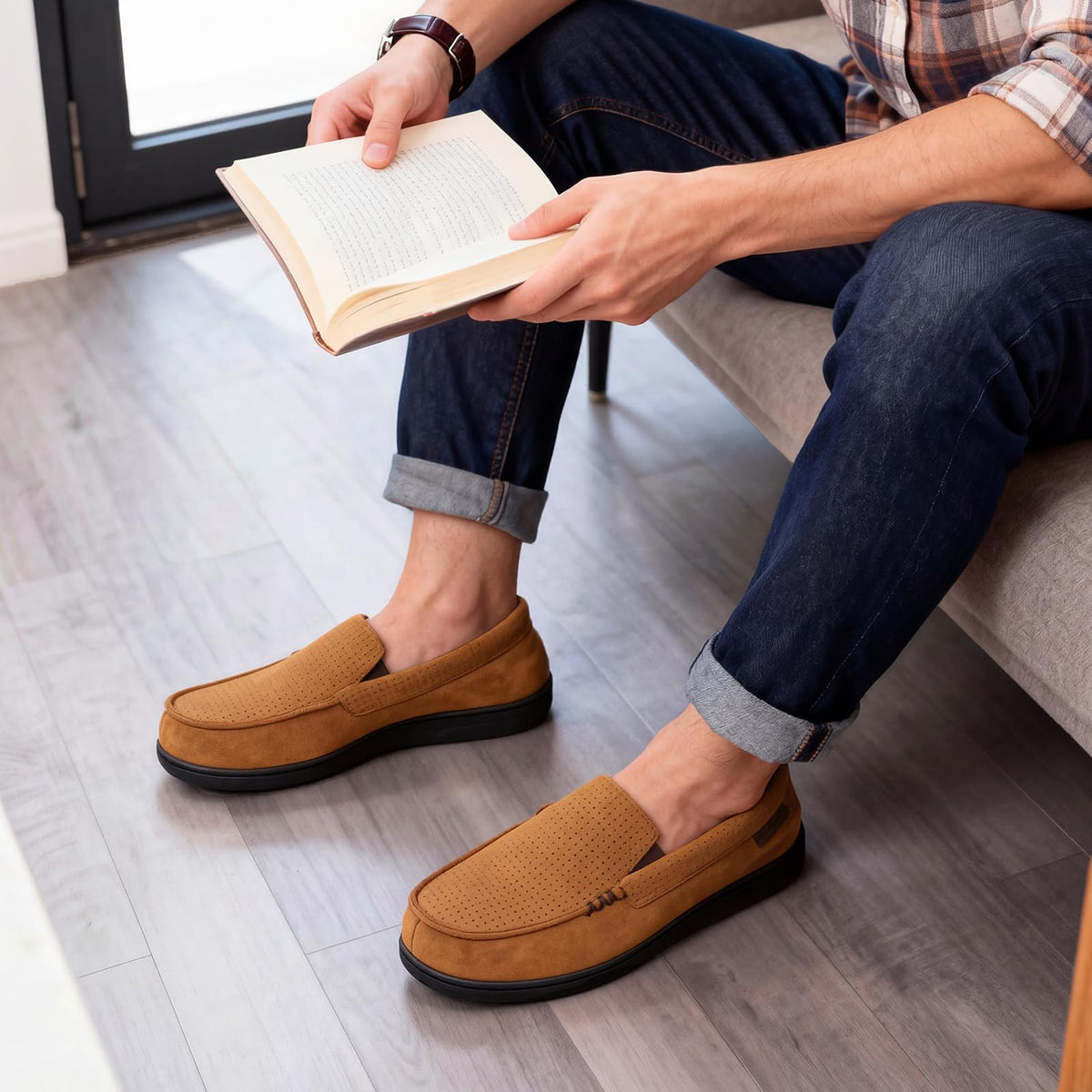 VeraCosy Men's Suede Moccasin Slippers Memory Foam Sherpa Lined Anti-Skid