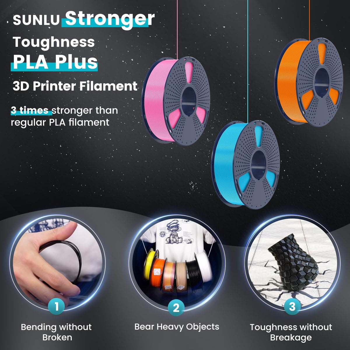 SUNLU PLA+ 3D Printer Filament, Tougher PLA Plus Filament 1.75mm, 1KG Black