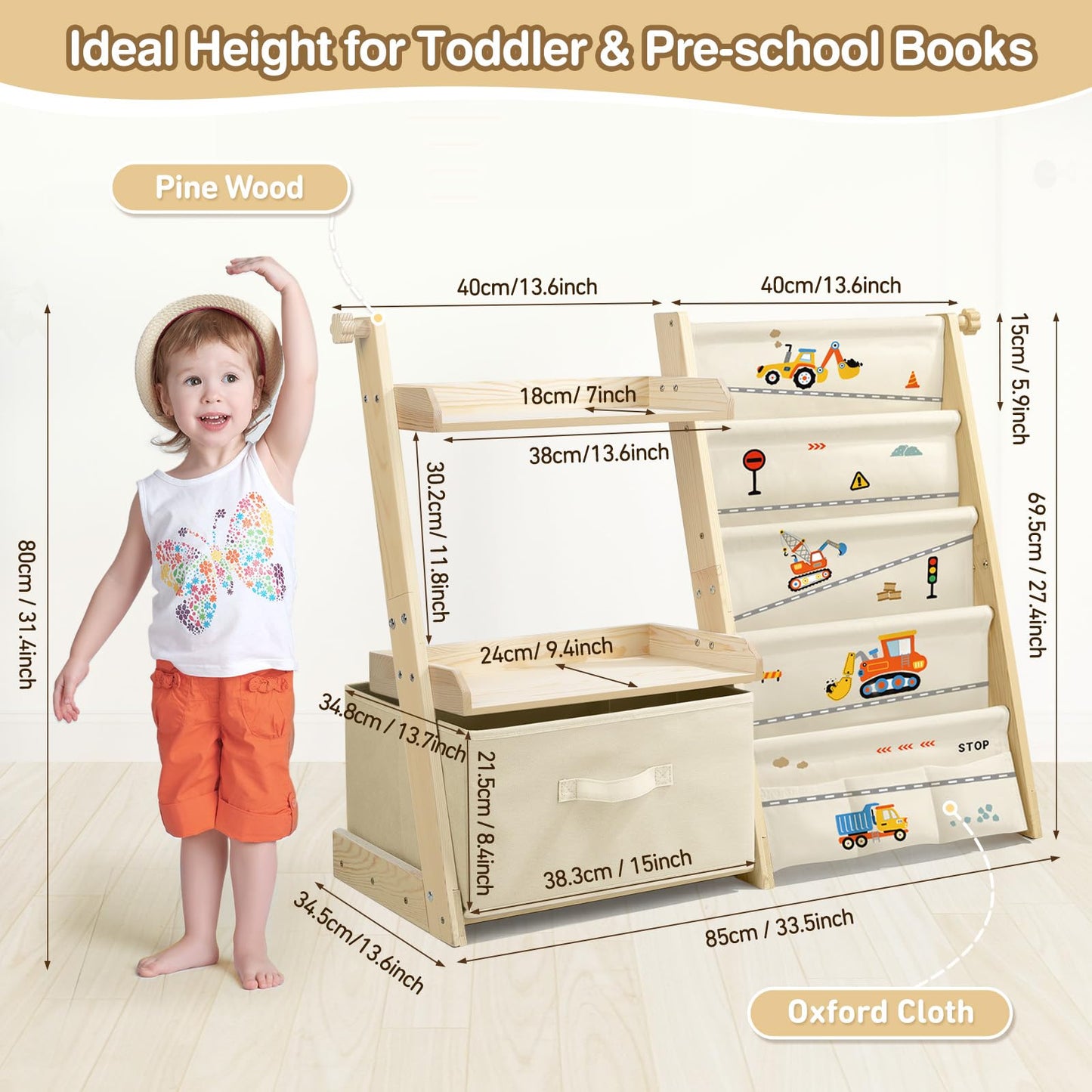 Kids Bookshelf and Toy Storage, Montessori Wooden Children Bookcase and Toy Organizer, 4-tier Toddler Sling Book Shelf with a Large Storage Box for Nursery, Bedroom, Playroom (Terrazzo)