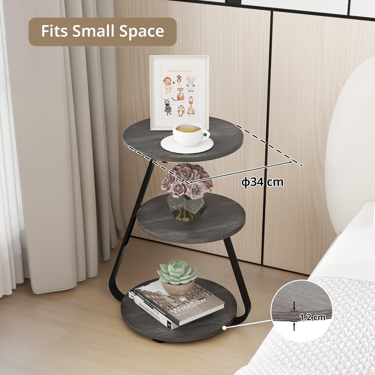 ARTETHYS Side Table, Small Round Coffee Table with 3 Color LED Lights, End Table with 3 Tier Storage Shelves, Bedside Sofa Side Tables for Living Room Bedroom, Rustic Brown