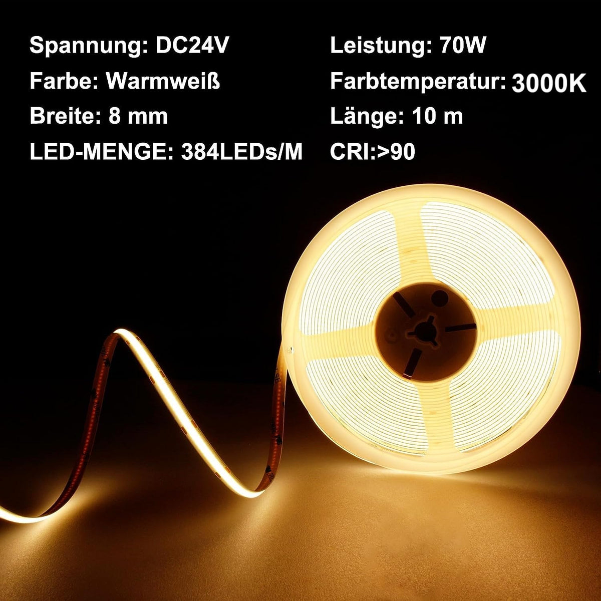 COB LED Strip 3m, 24V, Dimmable, Remote, Warm White, 2700K