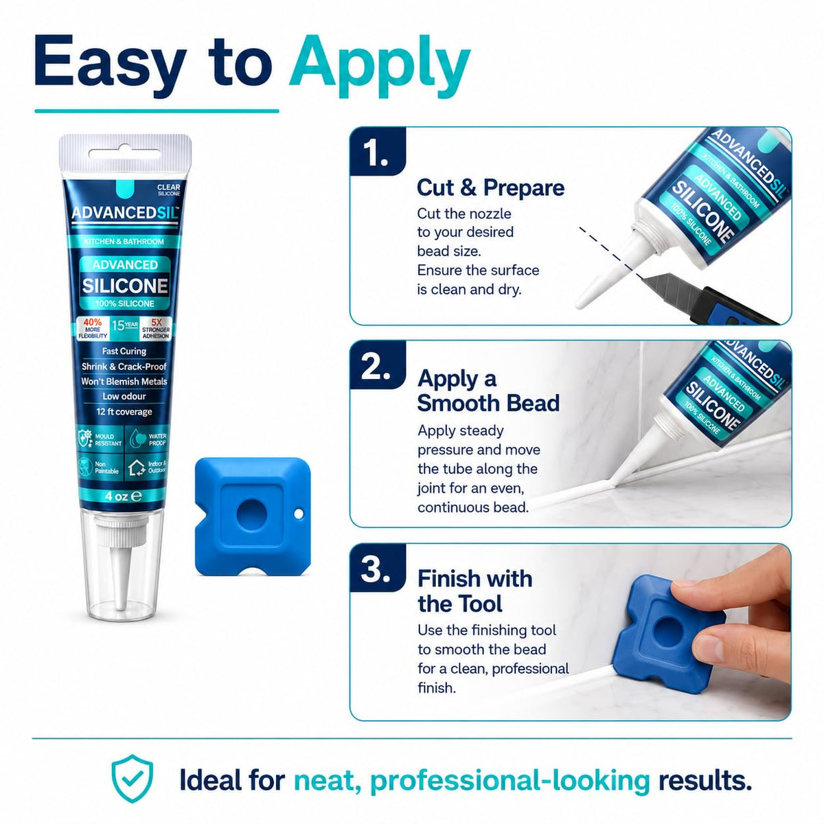 Silicone Sealant – Clear Kitchen & Bathroom Silicone Sealant with Finishing Tool for a Professional Finish | Waterproof & Anti-Mould Protection - 120ml