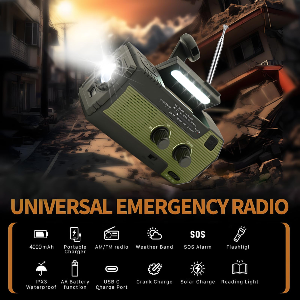SOLARBABY Wind Up Solar Radio, Emergency Hand Crank Self Powered AM/FM Survival Solar Weather Radio with LED Flashlight,SOS Alarm,2000mAh Emergency Power Bank for Smart Phone (M-Orange)