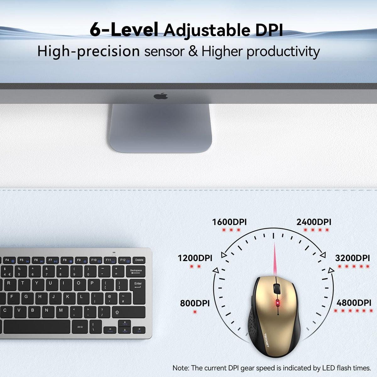 TECKNET Wireless Mouse for Laptop, 4800 DPI Optical Computer Mice with 6 Adjustable Levels, 30 Months Long Battery Life 2.4G Cordless USB Silent Mouse for Notebook, PC, Office Home Work -Grey
