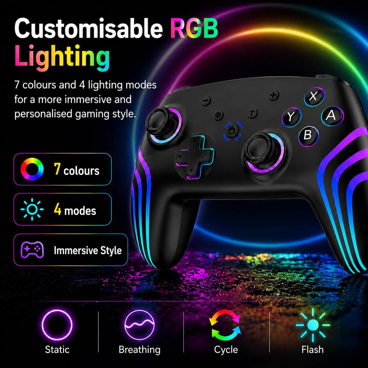 Riscvma 2pcs Controller for Switch/Switch 2/Lite/OLED/PC, Wireless Controller for Switch with 7 Color Changing RGB Lighting/Dual Vibration/6 Axis Gyroscope/Turbo, Ergonomic Precise Joystick