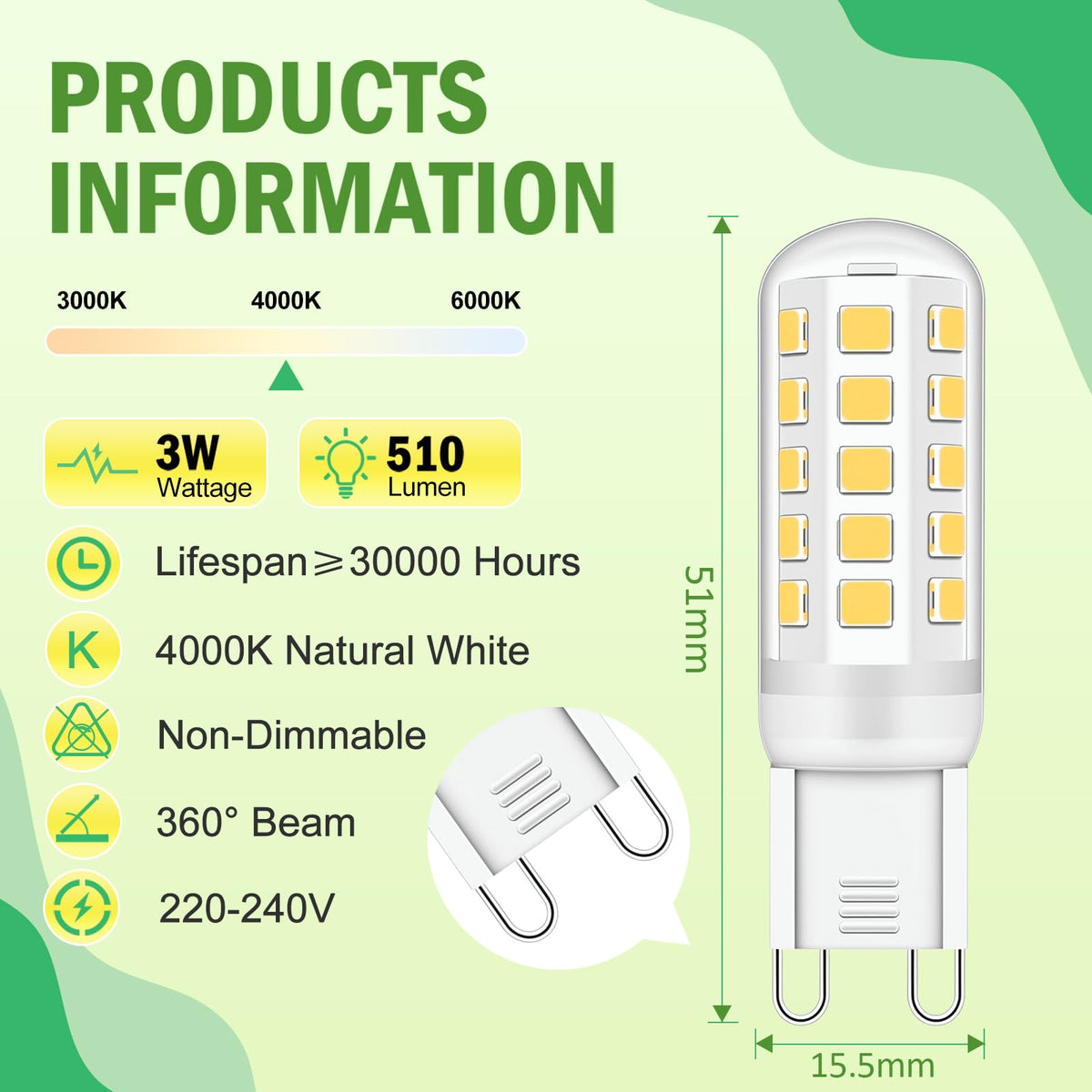 G9 Led Bulbs Warm White 6-Pack, 3W 510 Lm 3000 Kelvin G9 Led Light Blubs, Equivalent to 30-40W Halogen, 220-240V No Flicker Non-Dimmable Energy Saving, for Home Lighting Decor [Energy Class C]