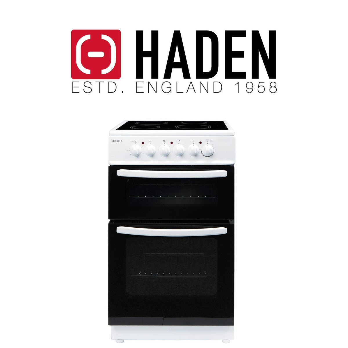 Haden Double Oven 50cm Electric Cooker 4 Zone Ceramic Hob White