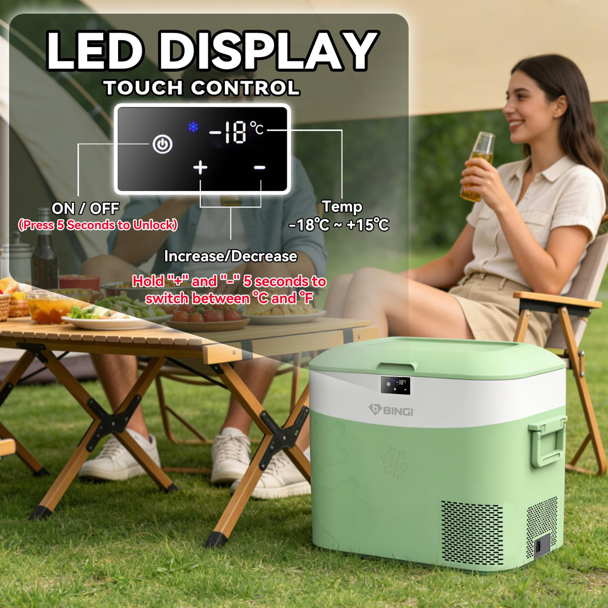 BINGI 12.8L Car Fridge Freezer Portable Compressor Cooler, 12V/24V DC & 100-240V AC Mini Refrigerator for Camping, RV, Truck, Boat, Travel, Picnic, Home Use (-18℃ to 15℃)
