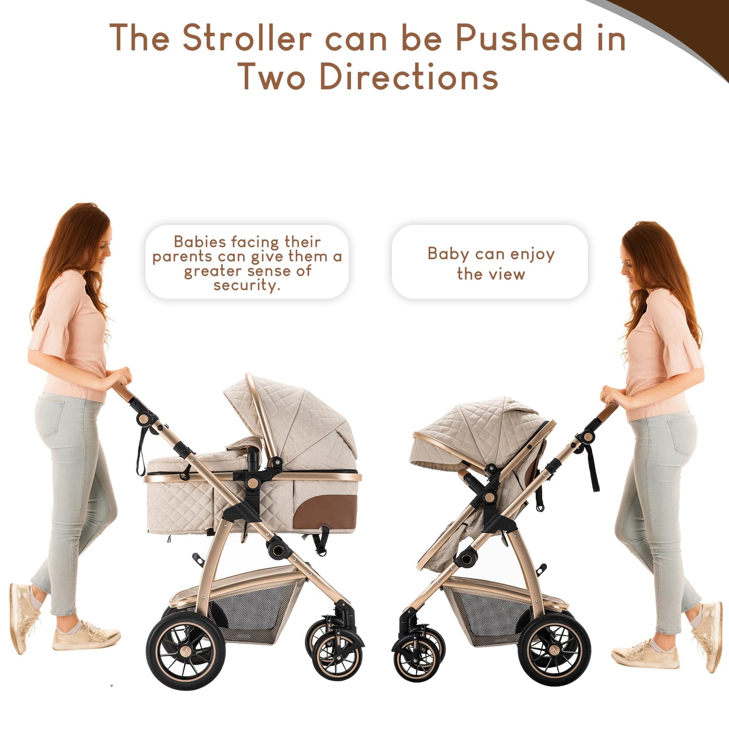 Baby Stroller 3 in 1,Travel Pushchair's Lie-Flat Pram is Foldable, Stroller System Handle is Adjustable, The Wheels are Made of PU Material, Suitable for 0-3 Years-Khaki