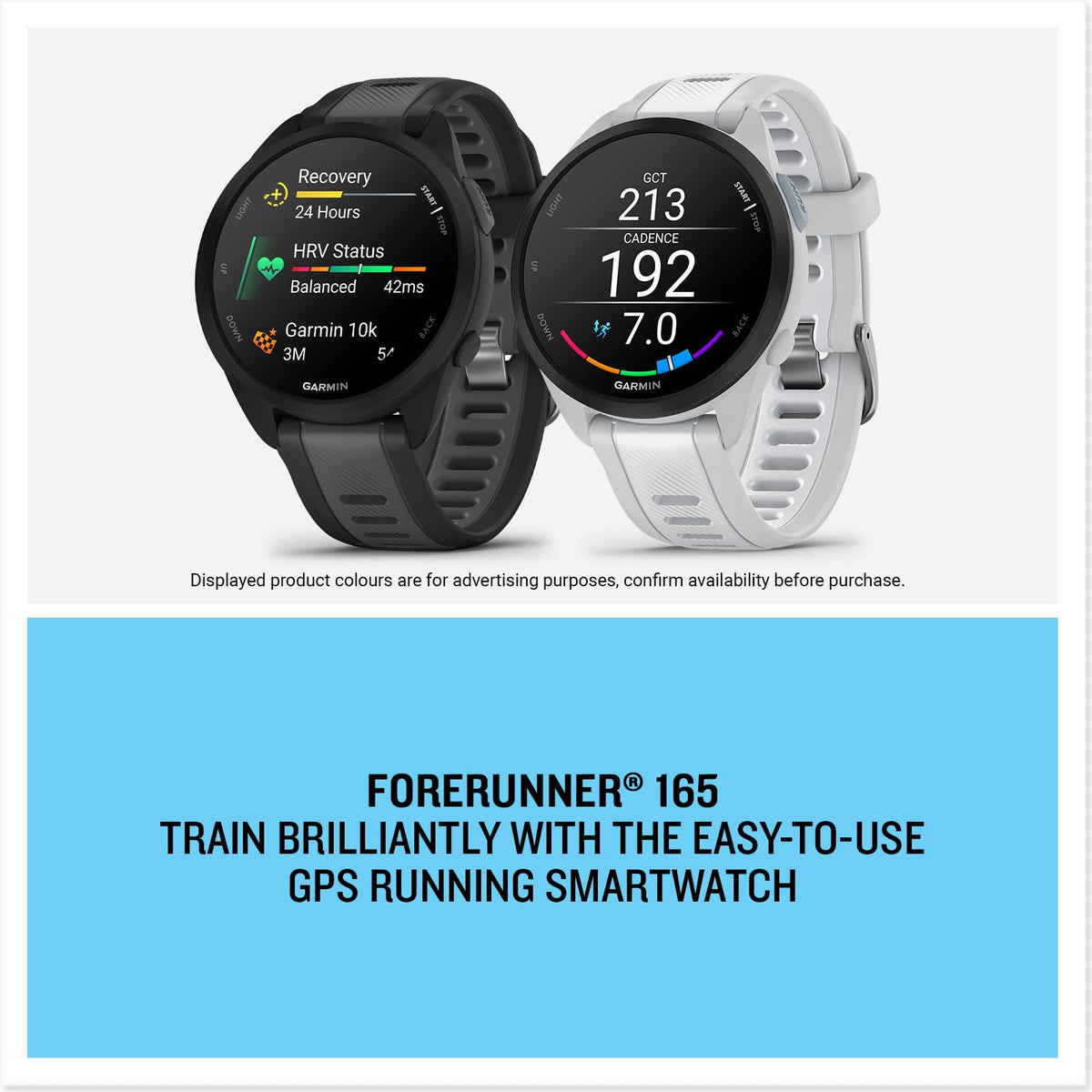 Garmin Forerunner 165, 43mm GPS running smartwatch, lightweight, AMOLED touchscreen, advanced training, insights & features, safety & tracking features, up to 11 days battery life, Black