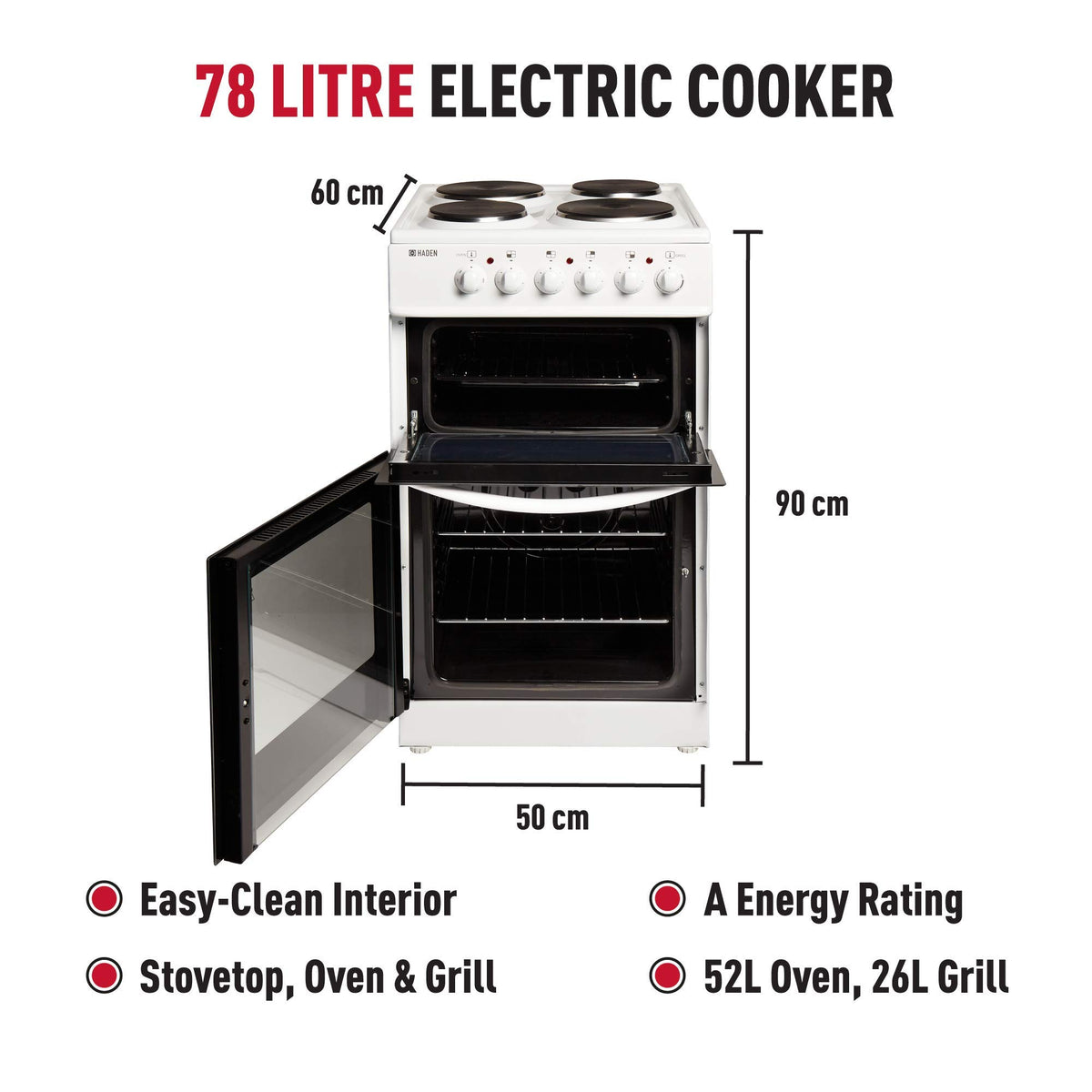 Haden Double Oven 50cm Electric Cooker 4 Zone Ceramic Hob White