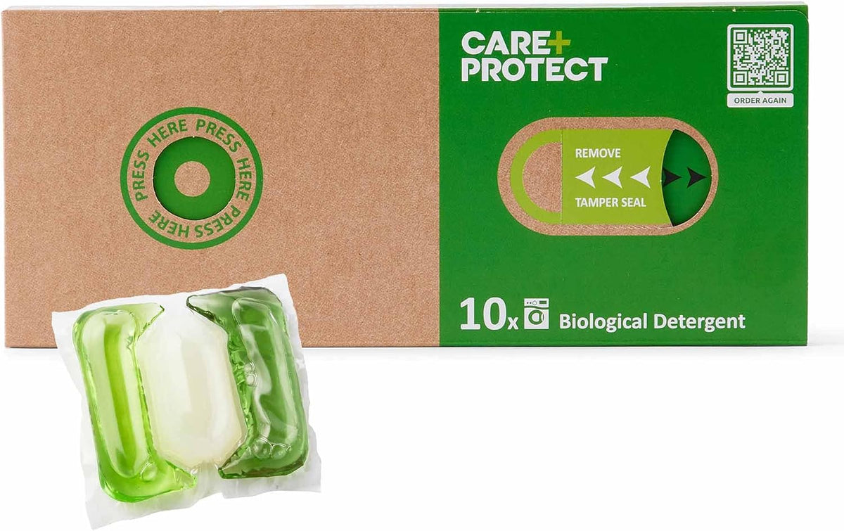 Care+Protect Premium Laundry Detergent Capsules - High-Performance Biological Formula - Deep Clean - Softens and Removes Bacteria - 10x Eco-Friendly - Pre-Measured Capsules