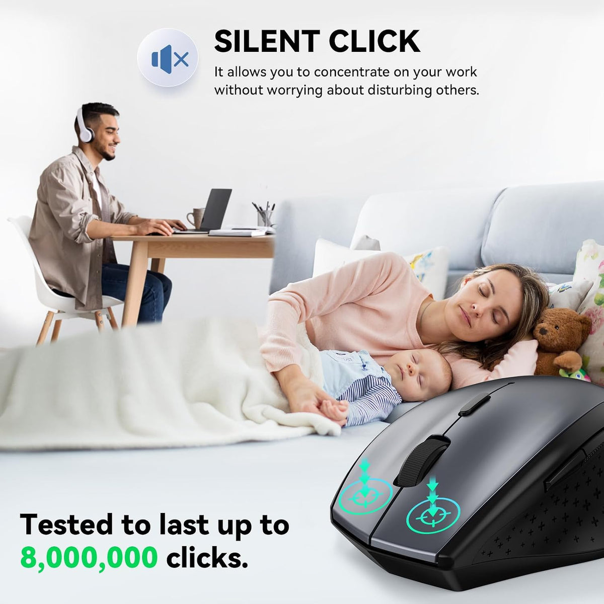 TECKNET Wireless Mouse for Laptop, 4800 DPI Optical Computer Mice with 6 Adjustable Levels, 30 Months Long Battery Life 2.4G Cordless USB Silent Mouse for Notebook, PC, Office Home Work -Grey