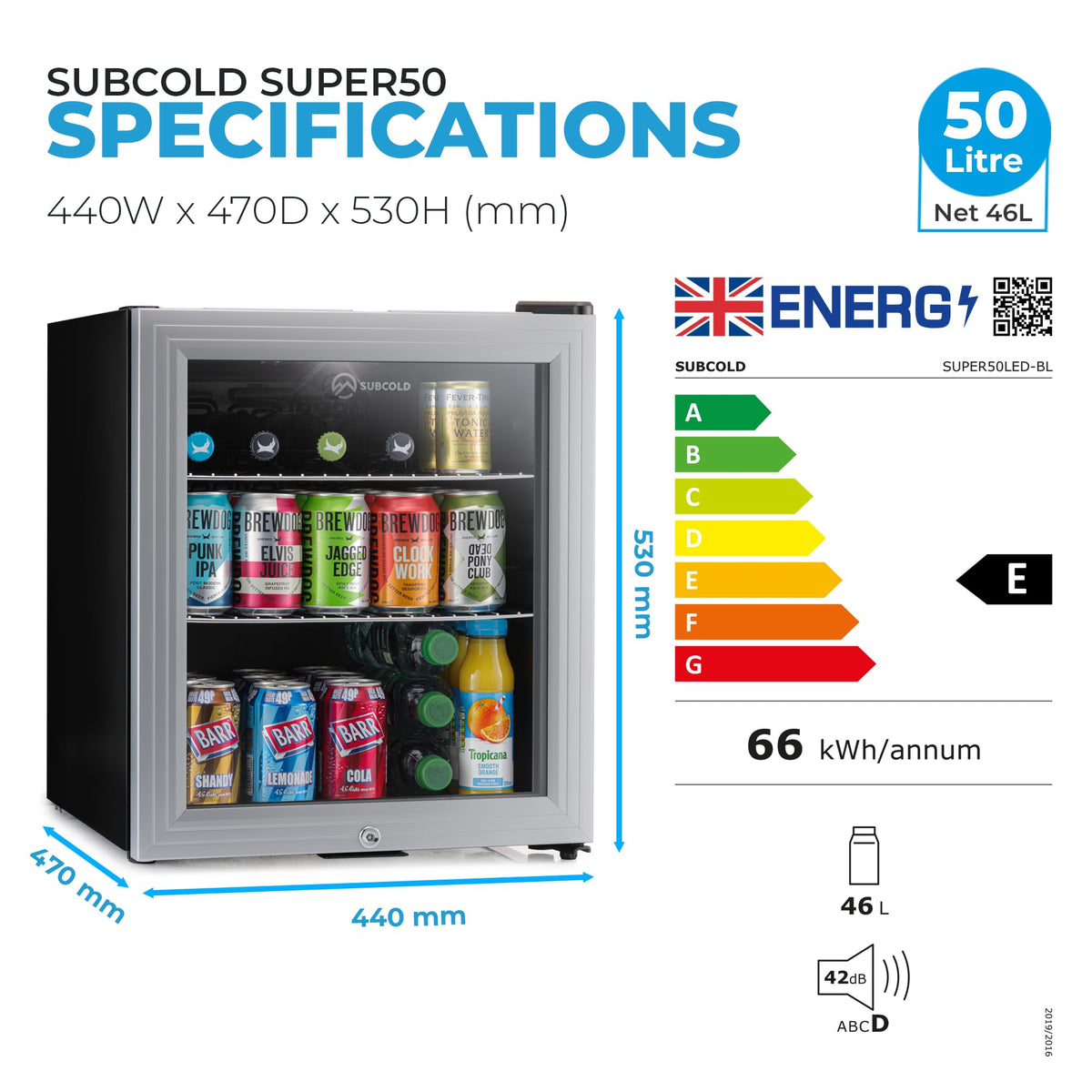 Subcold Super50 LED Beer Fridge | 55 Cans | 3-18°C | Glass Door