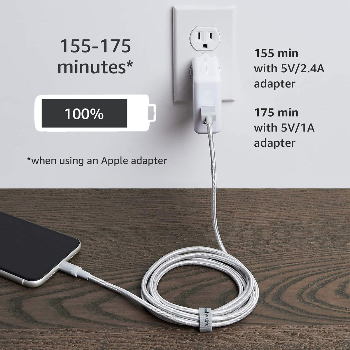 Amazon Basics USB-A to Lightning Charger Cable, Nylon Braided Cord, MFi Certified for Apple iPhone 14 13 12 11 X Xs Pro, Pro Max, Plus, iPad, 0.9 m, Silver