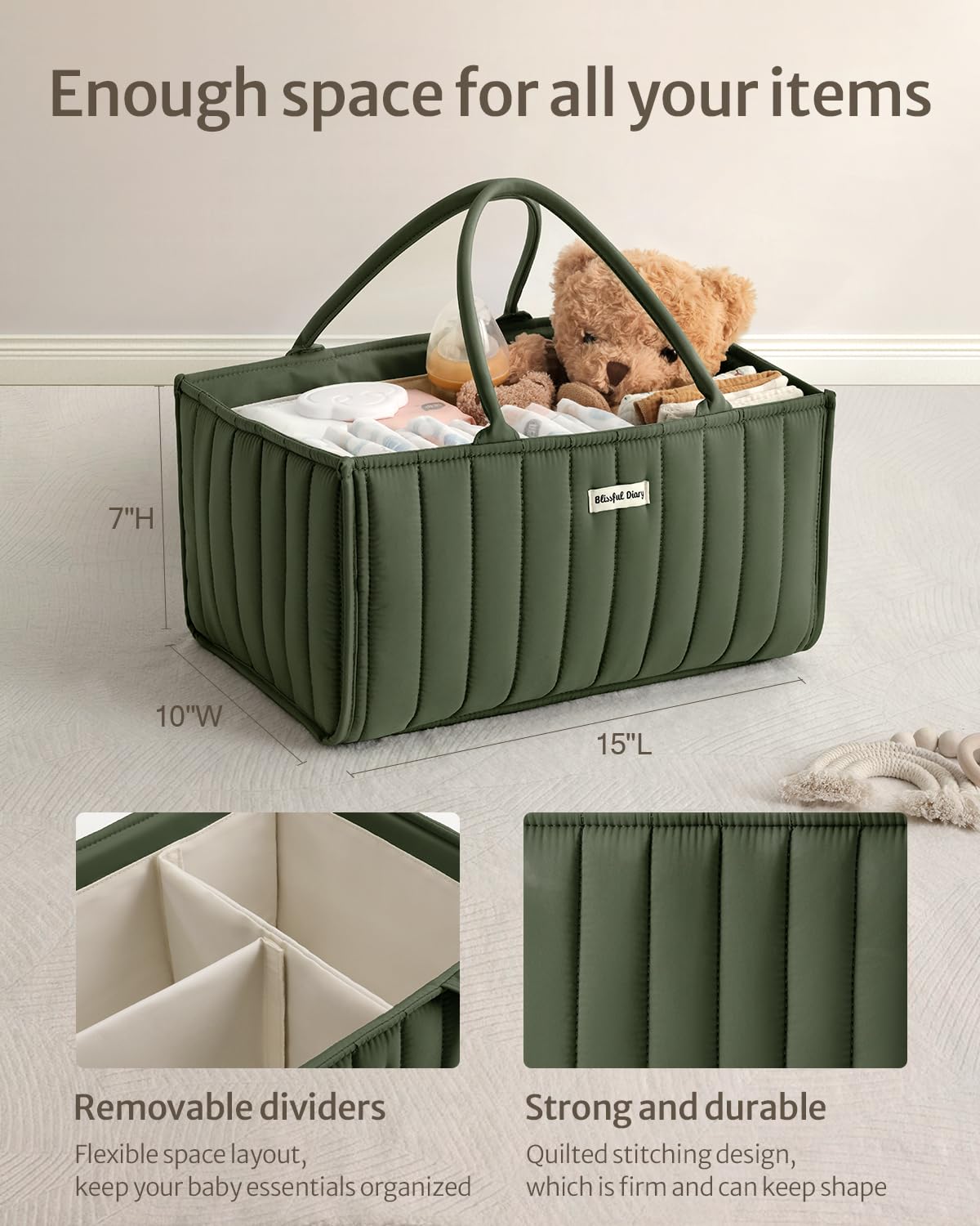 Blissful Diary Nappy Caddy Organiser, Baby Diaper Caddy for Nappy Station, Stylish Storage Basket for Newborn Essentials, Baby Shower Gifts for Girl or Boy, Woodland Cream