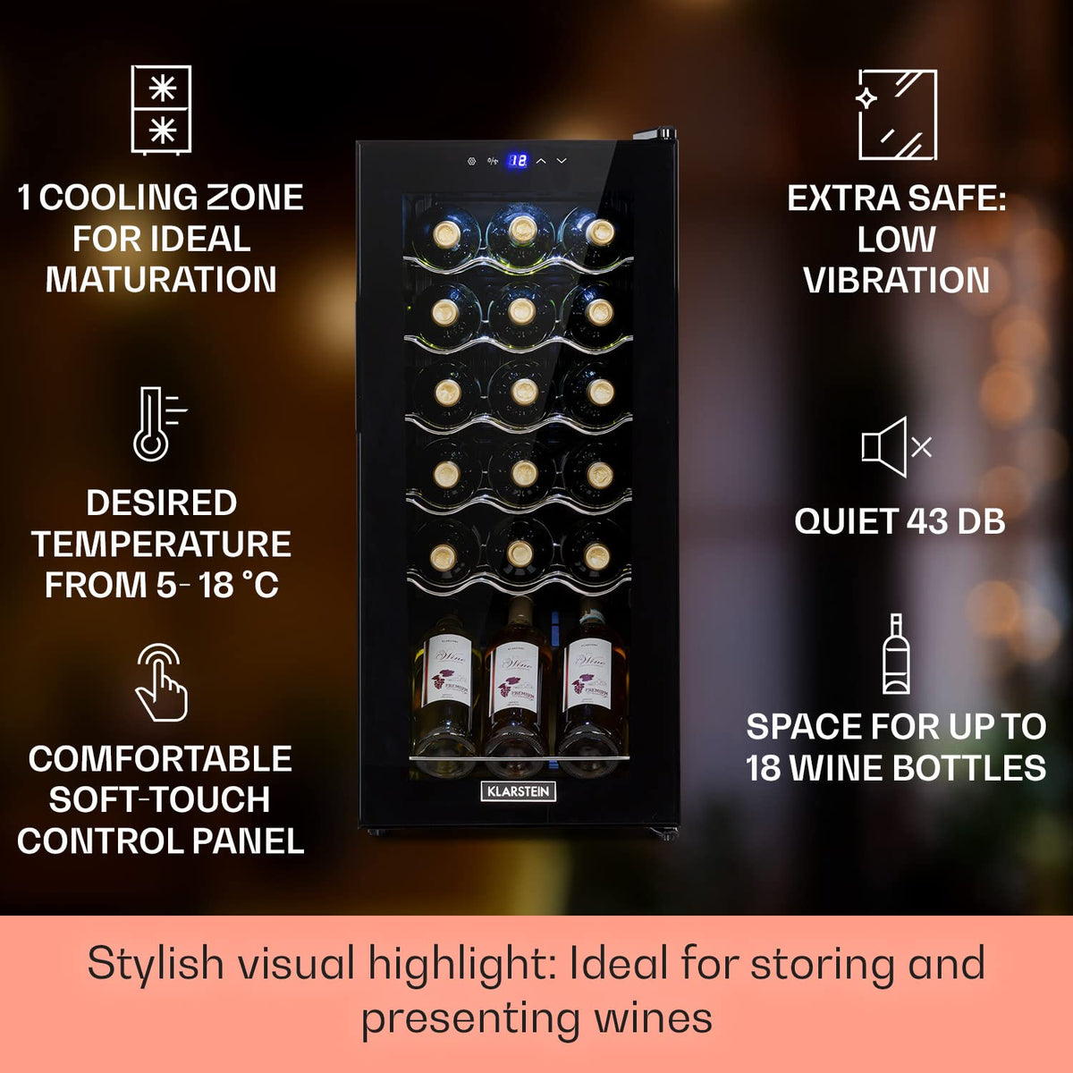 KLARSTEIN Shiraz Wine Cooler Black – 8 Bottles, 1 Zone | Freestanding Wine Fridge with Glass Door, Quiet, 5–18 °C, LED, Stainless Steel Frame