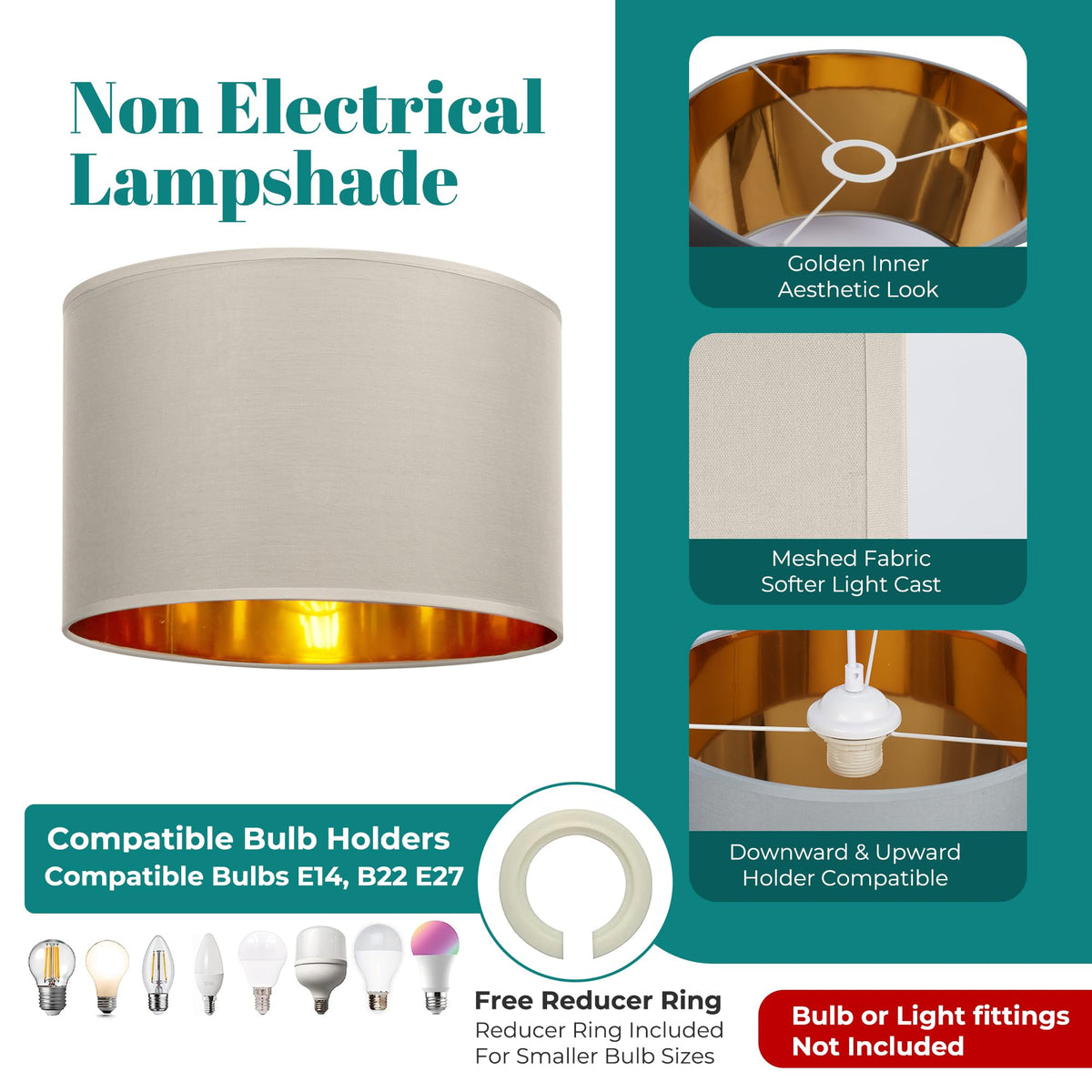 GIGGI Fabric Lamp Shades with Golden Inner Light Shade Ceiling – Modern Lampshades for Ceiling Lights, Lamp Shades for Table Lamps, Floor Lamps, Living Room, Bedroom, Home Décor (Green, 12")