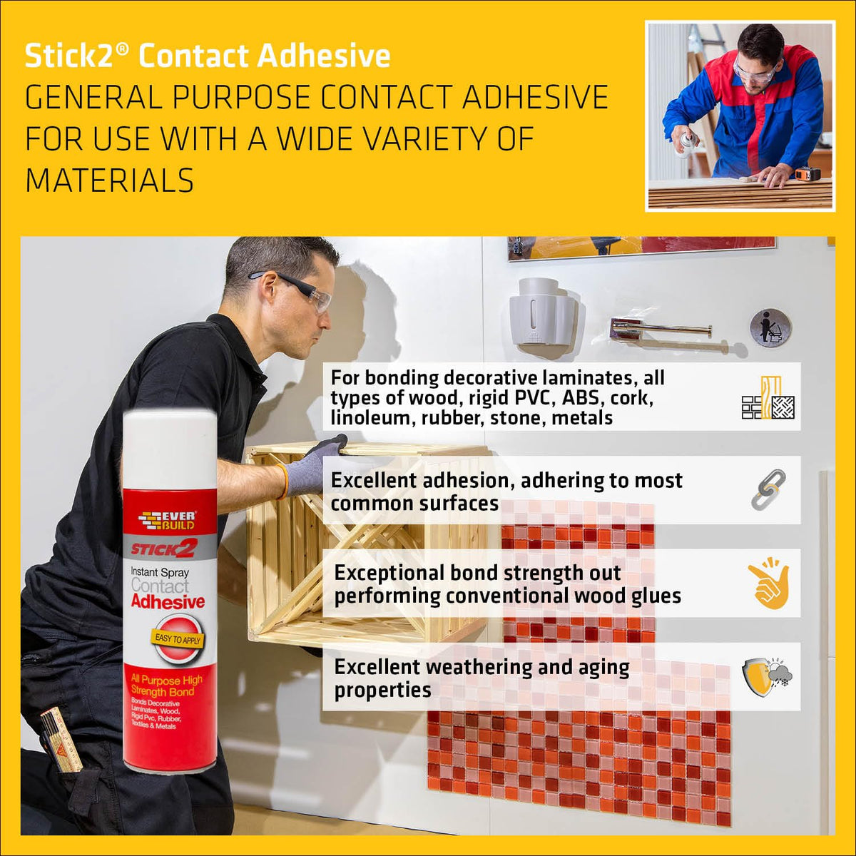 Everbuild Stick 2 All Purpose High Bond Strength Contact Spray Adhesive – Premium Grade – Internal and External Use – 500 ml