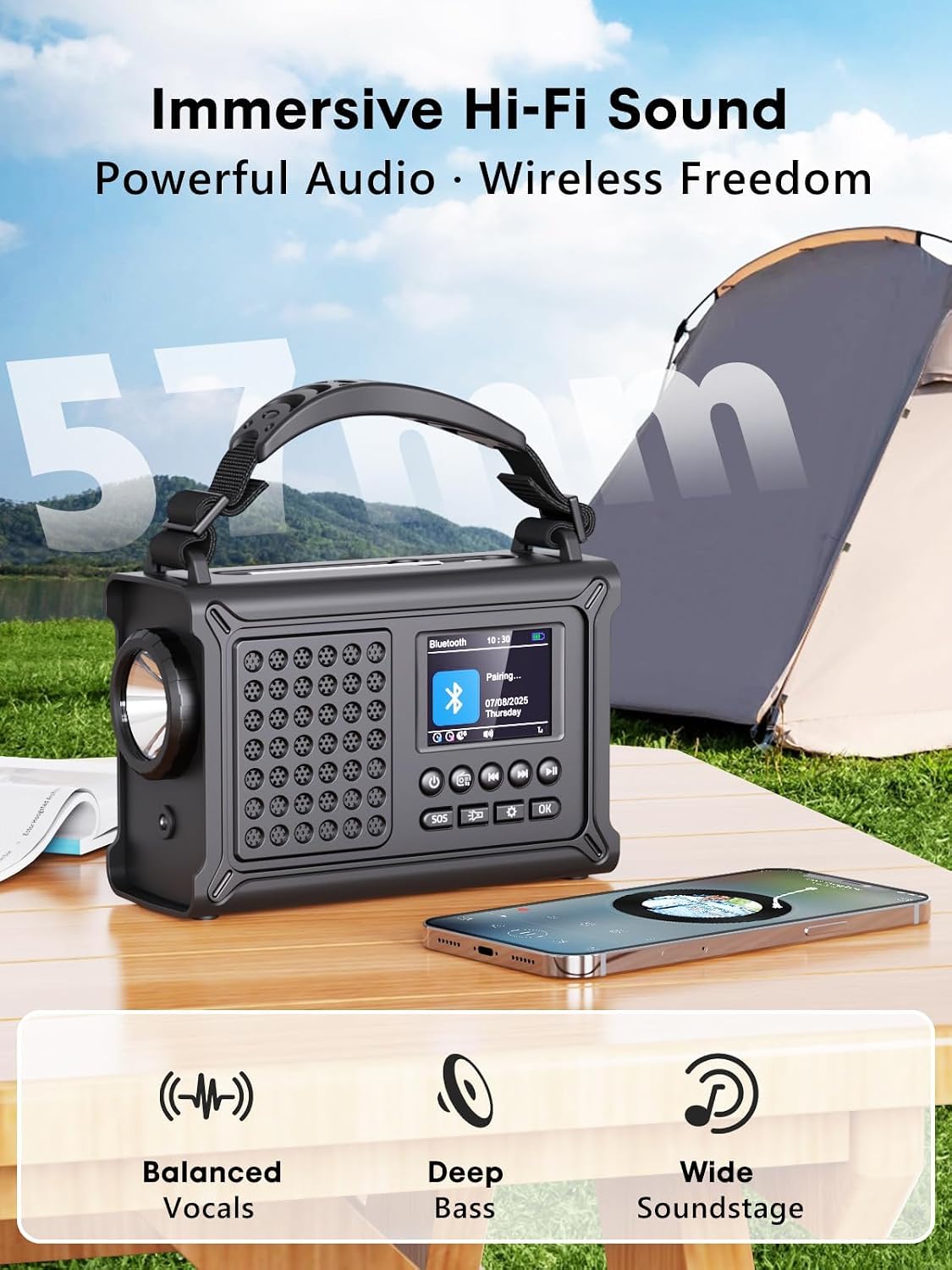 ROCAM DAB Wind Up Radio Solar Battery Torch 12000mAh Rechargeable Battery