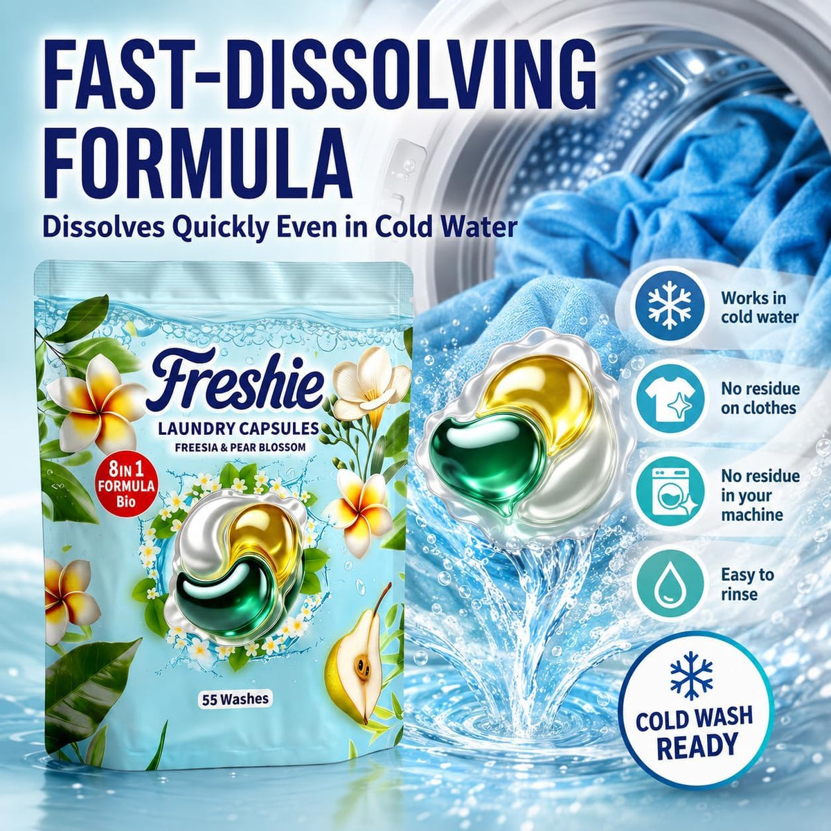 Bio Washing Pods - Laundry Detergent Pods 110 Washes, Fresh Freesia & Pear Blossom Scent - Powerful Stain Removal, Gentle on Skin, Freshness that Lasts and Lasts
