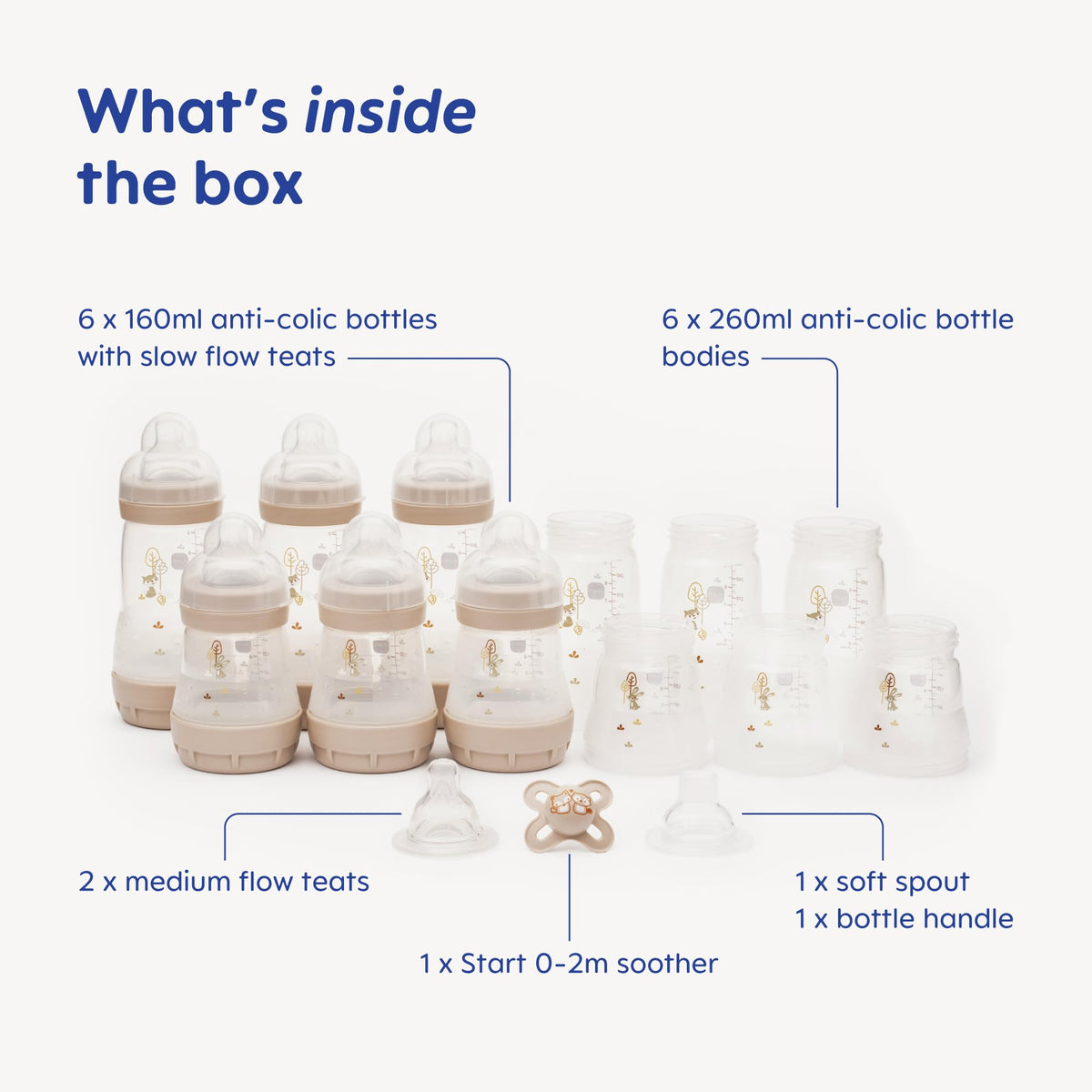 MAM Easy Start Anti-Colic Bottle Starter Set | Includes 4X Feeding Bottles and MAM Original Start 0-2 Month Soother | Self-Sterilising | Baby Gift Set of Newborn Essentials | White (Various Designs)