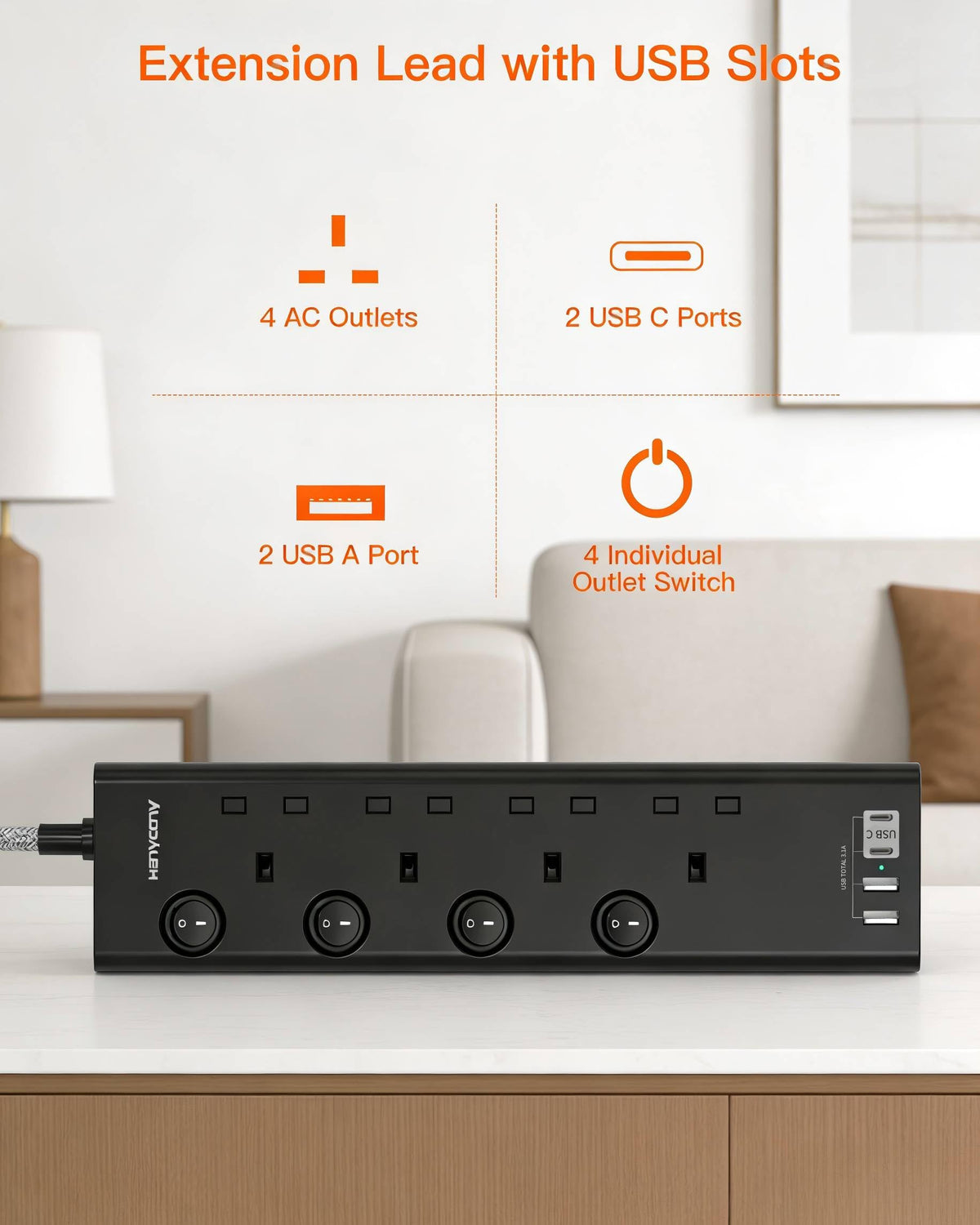 Extension Lead with USB Slots(2 USB C), 4 Way Plug Extension Socket, 1.8M