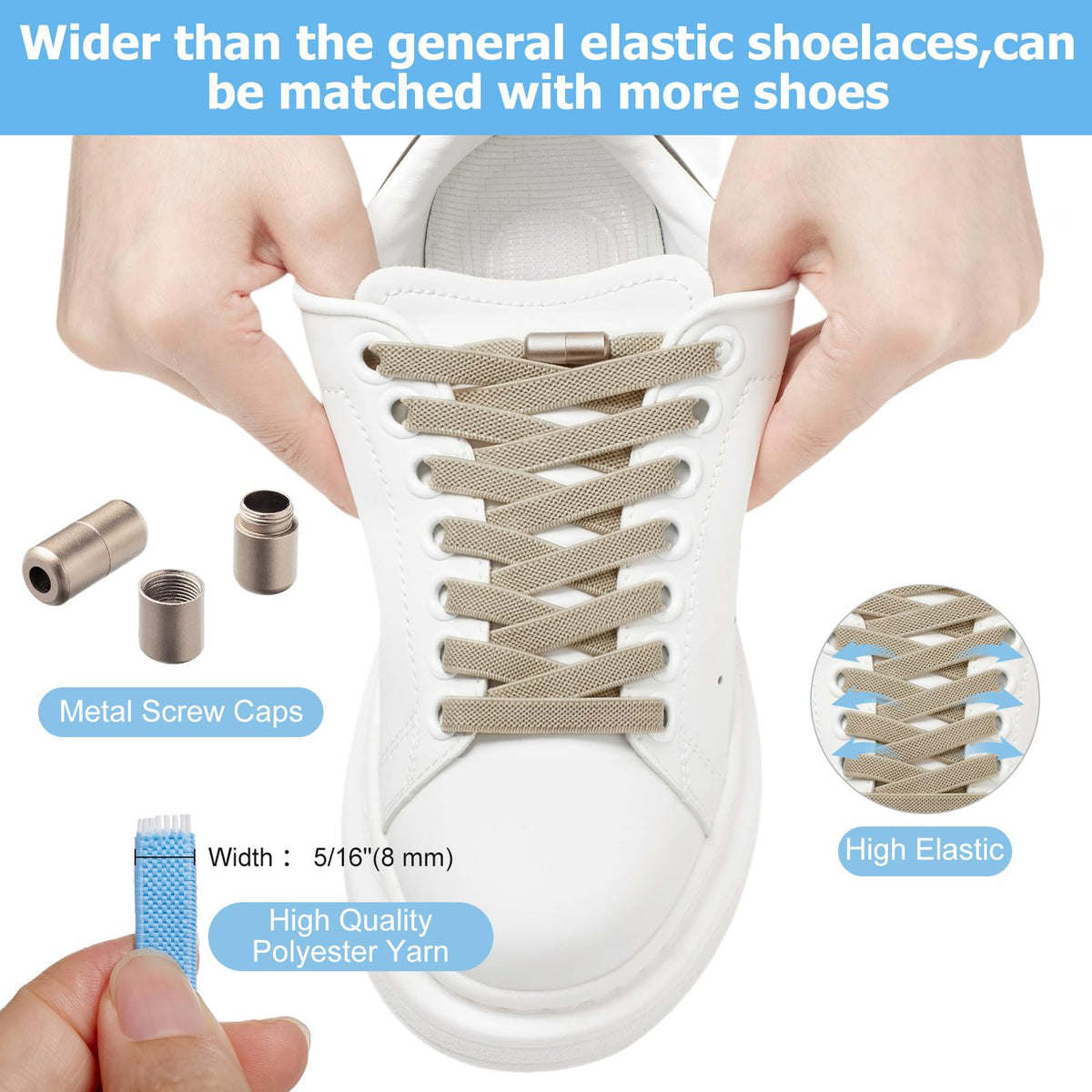 2 Pairs Elastic Shoe Laces for Trainers, 8mm Shoelace