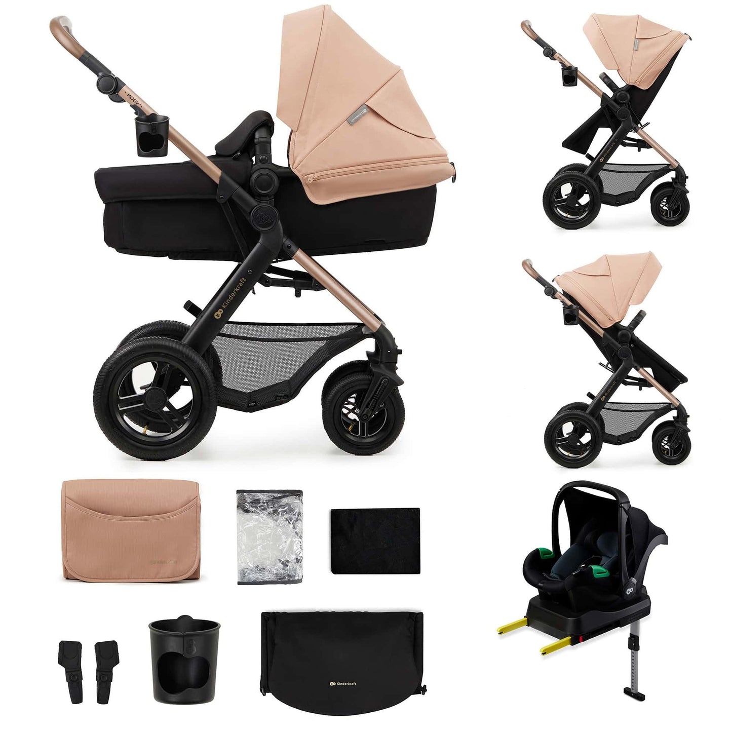 Kinderkraft MOOV 2 AIR 4 in 1 Set, Pram with Infant Car Seat with Isofix Base Mink PRO I-Size, Travel System, Baby Pushchair, Buggy, Foldable, from Birth to 22 kg, Inflatable Wheels, Gray