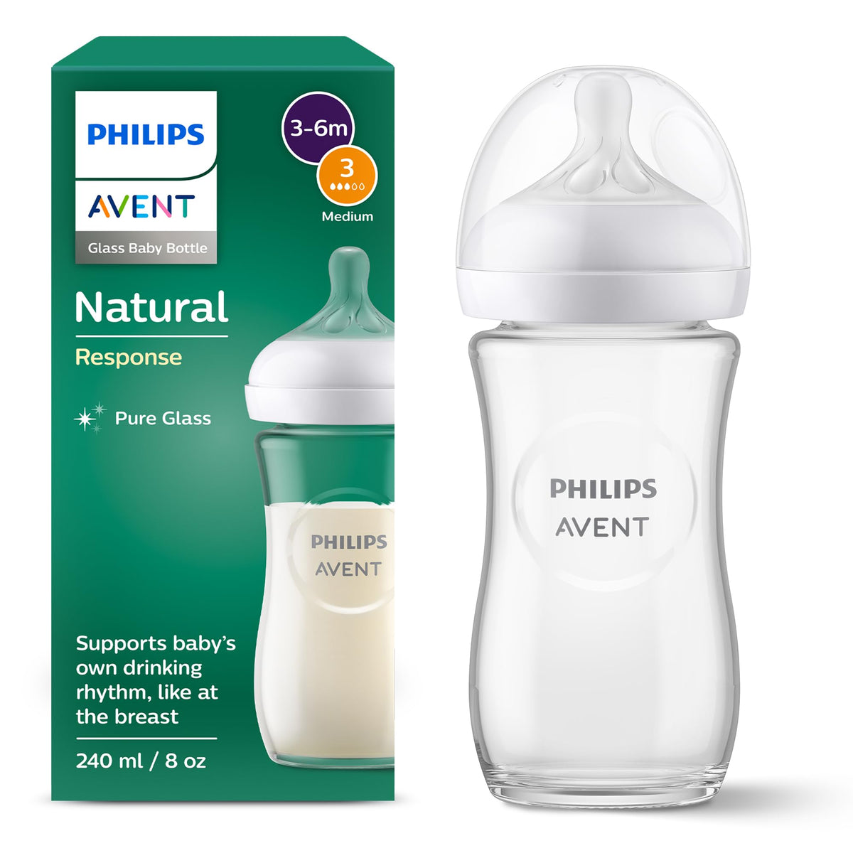 Philips Avent Natural Response Glass Baby Bottles 8oz/240 ml with Medium Flow Teats (Flow 3), 2 Pack, SCY933/02