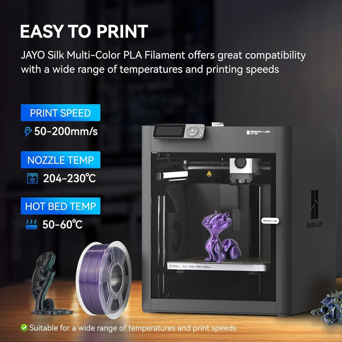 JAYO PLA+ 3D Printing Filament 1.75 mm, 1.1KG (2.4lbs) Spool Black
