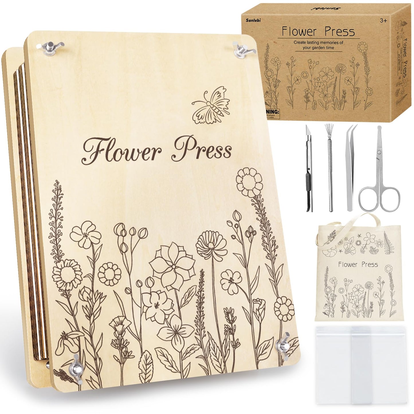 Sanlebi Large Flower Press for Adults Kids - 11.8x8.3 Inches (30x21cm) 10 Layers DIY Wooden Flower Pressing Kit with Storage Bag Arts and Crafts Kits for Adults Great Gift