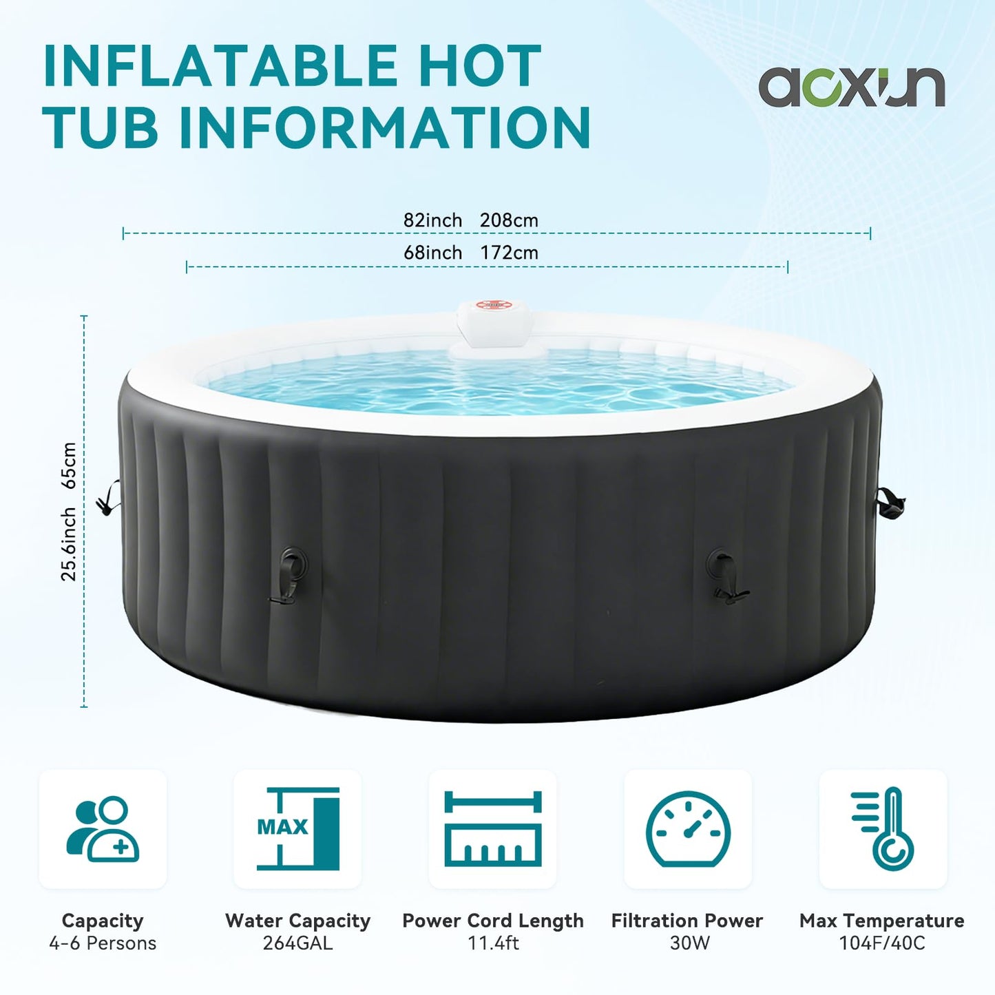 Inflatable Hot Tub 185X185CM, 60% More Energy Efficient, Portable Lazy Spa with 1800W Heater & 130 Air Jets Massage System, Fits Small Bathroom & Garden, Includes Insulated Cover & Filter