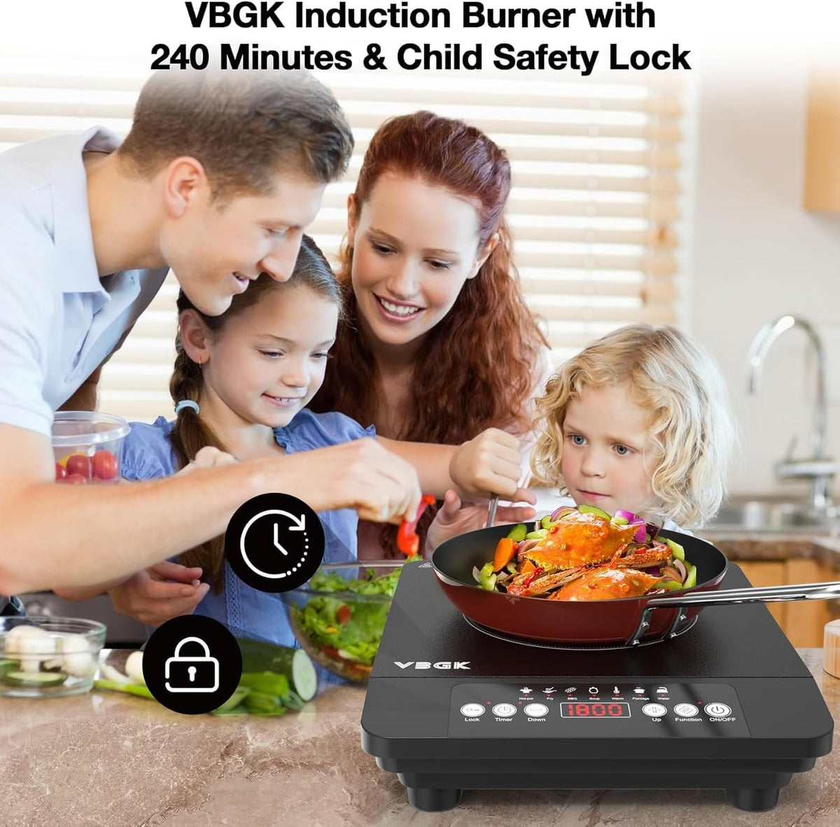 VBGK Double Electric Hob, 220V 3600W Ceramic Hob with Handle, Electric Hot Plate with 9 Power Levels, Child Safety Lock, Timer,Knob and Touch Control, 2 Burner Cooktop